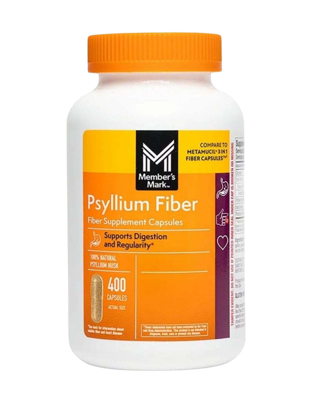 MEMBER'S MARK Psyllium Fiber Capsules 400 Count on a wooden table