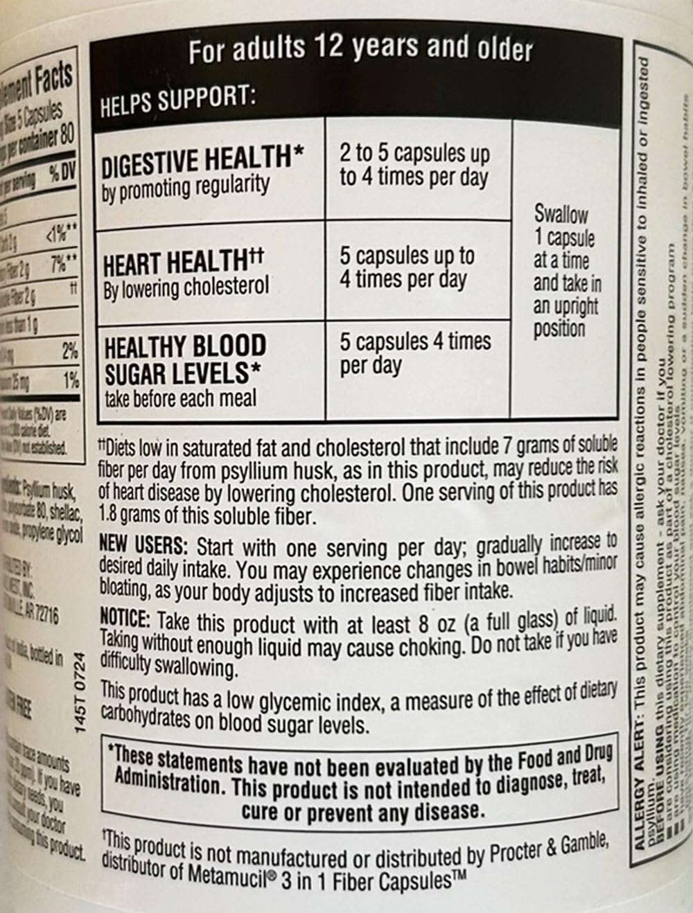 MEMBER'S MARK Psyllium Fiber Capsules open bottle with capsules visible