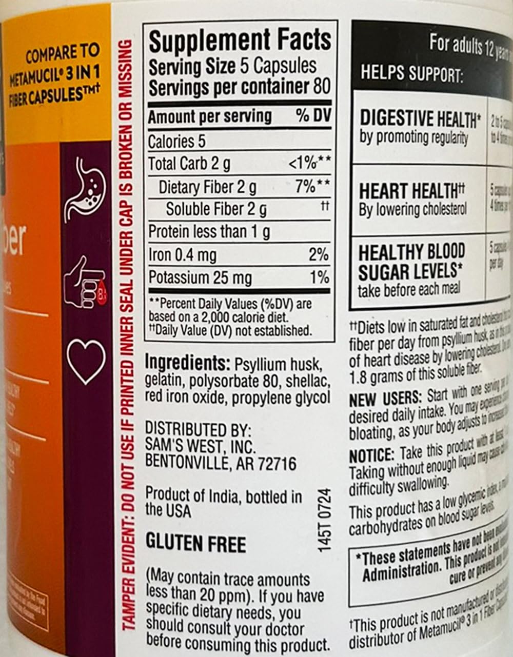 MEMBER'S MARK Psyllium Fiber Capsules side view showing capsule count