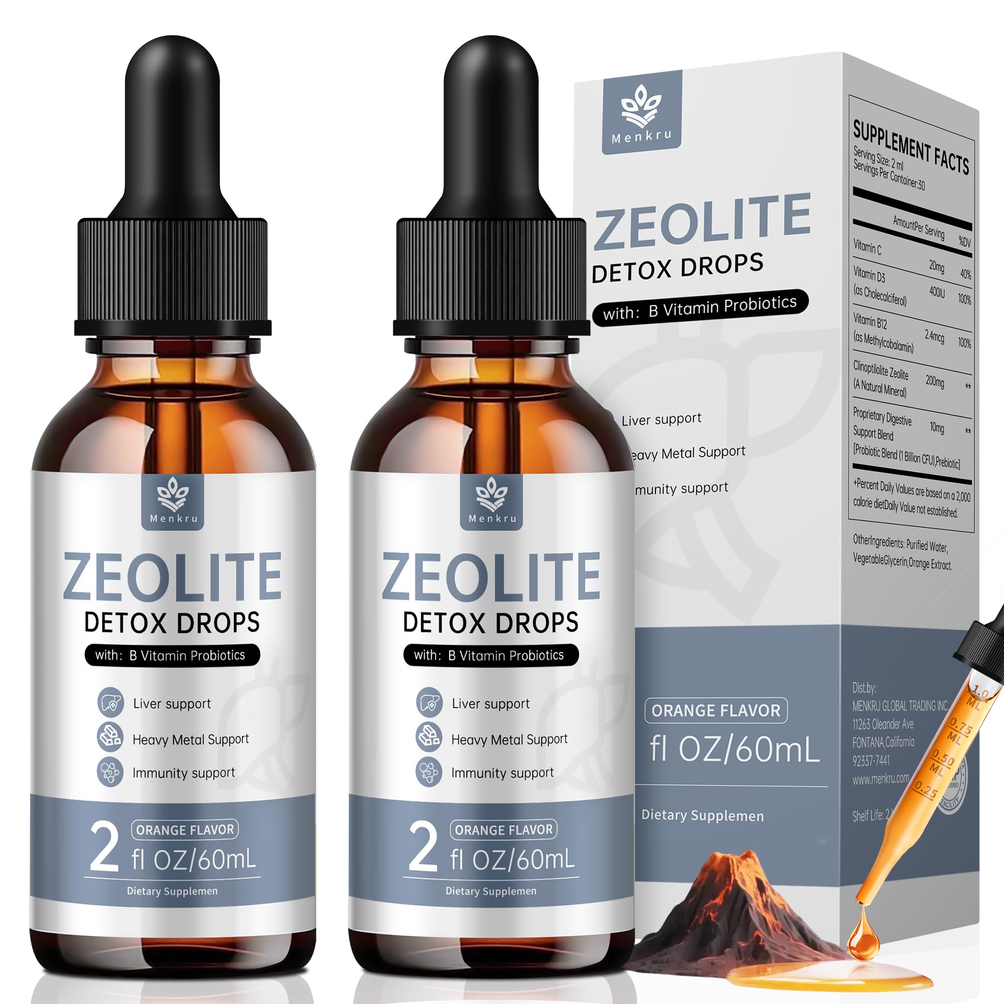 Menkru Zeolite Liquid Supplement front view with light orange flavour