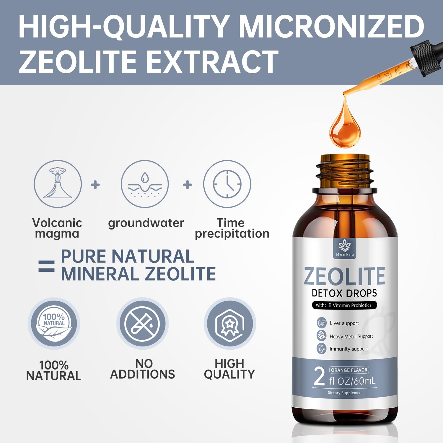 Menkru Zeolite Supplement bottle side view showing dosage instructions