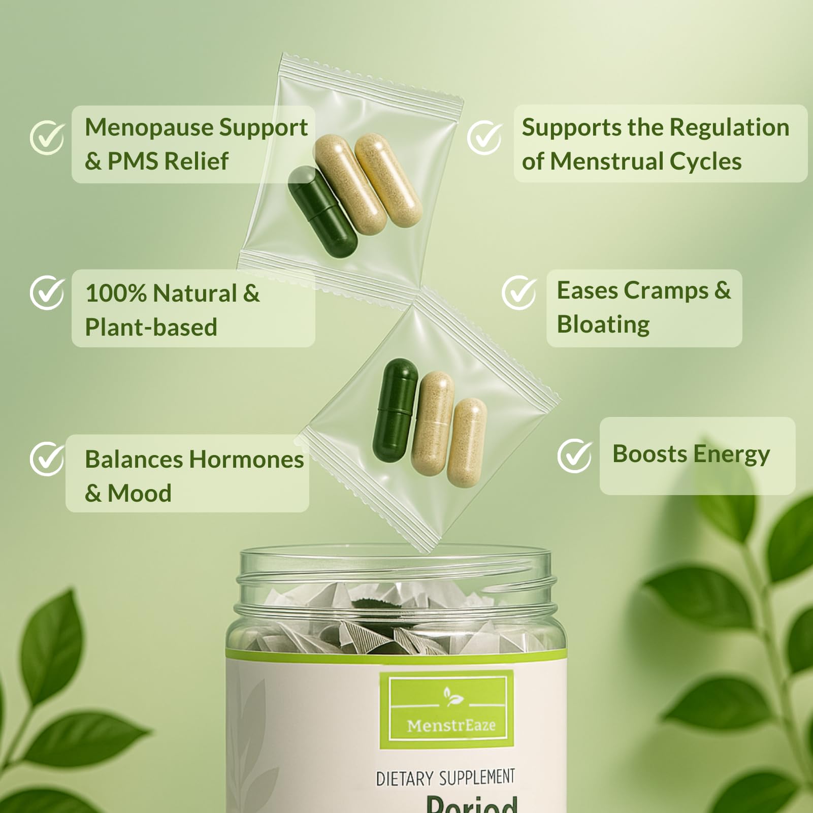 MenstrEaze PMS Support Supplement back view with ingredient list
