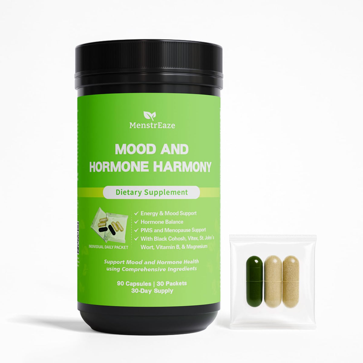 MenstrEaze PMS Support Supplement front view with packaging