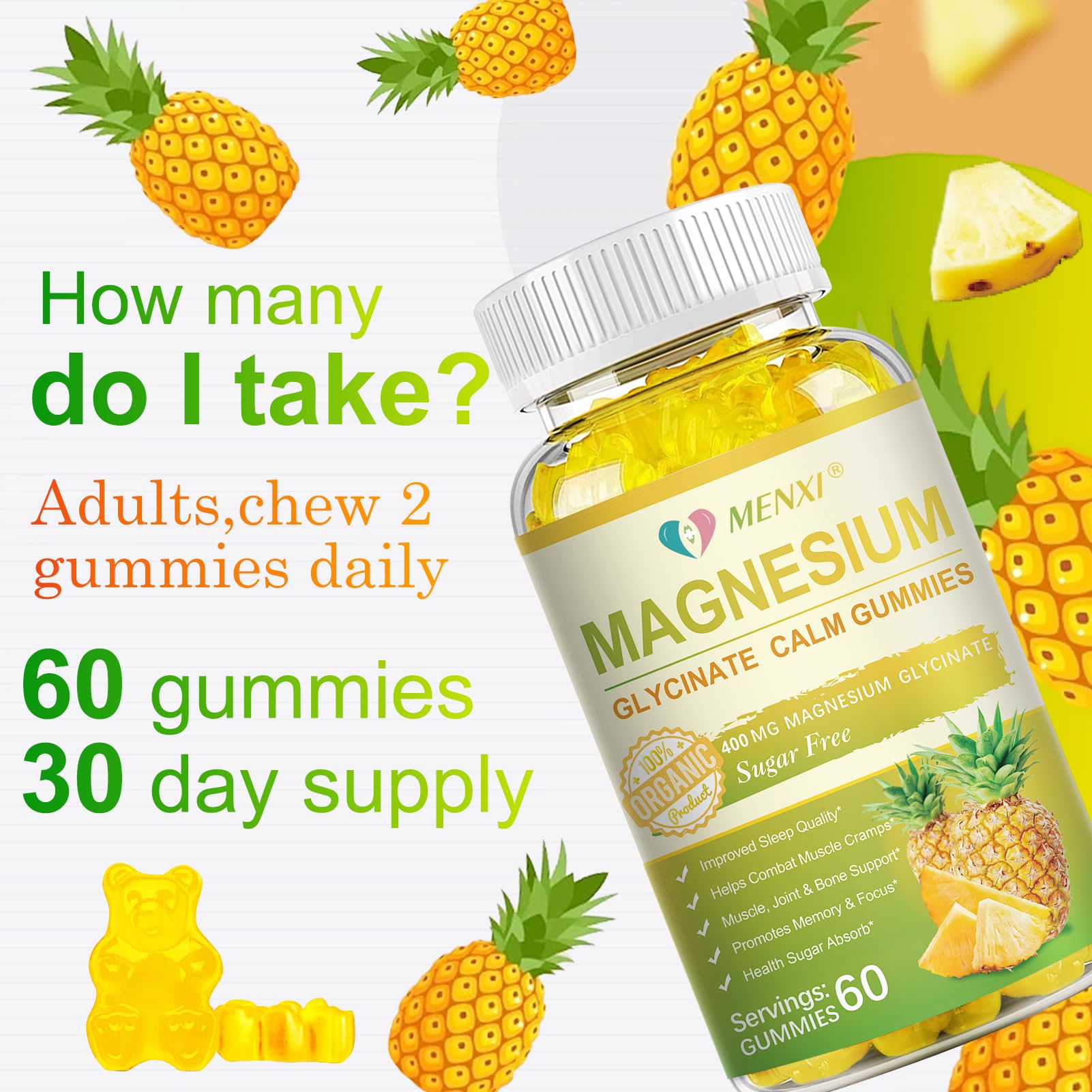 MENXI Magnesium Gummies 400mg Glycinate on a kitchen counter