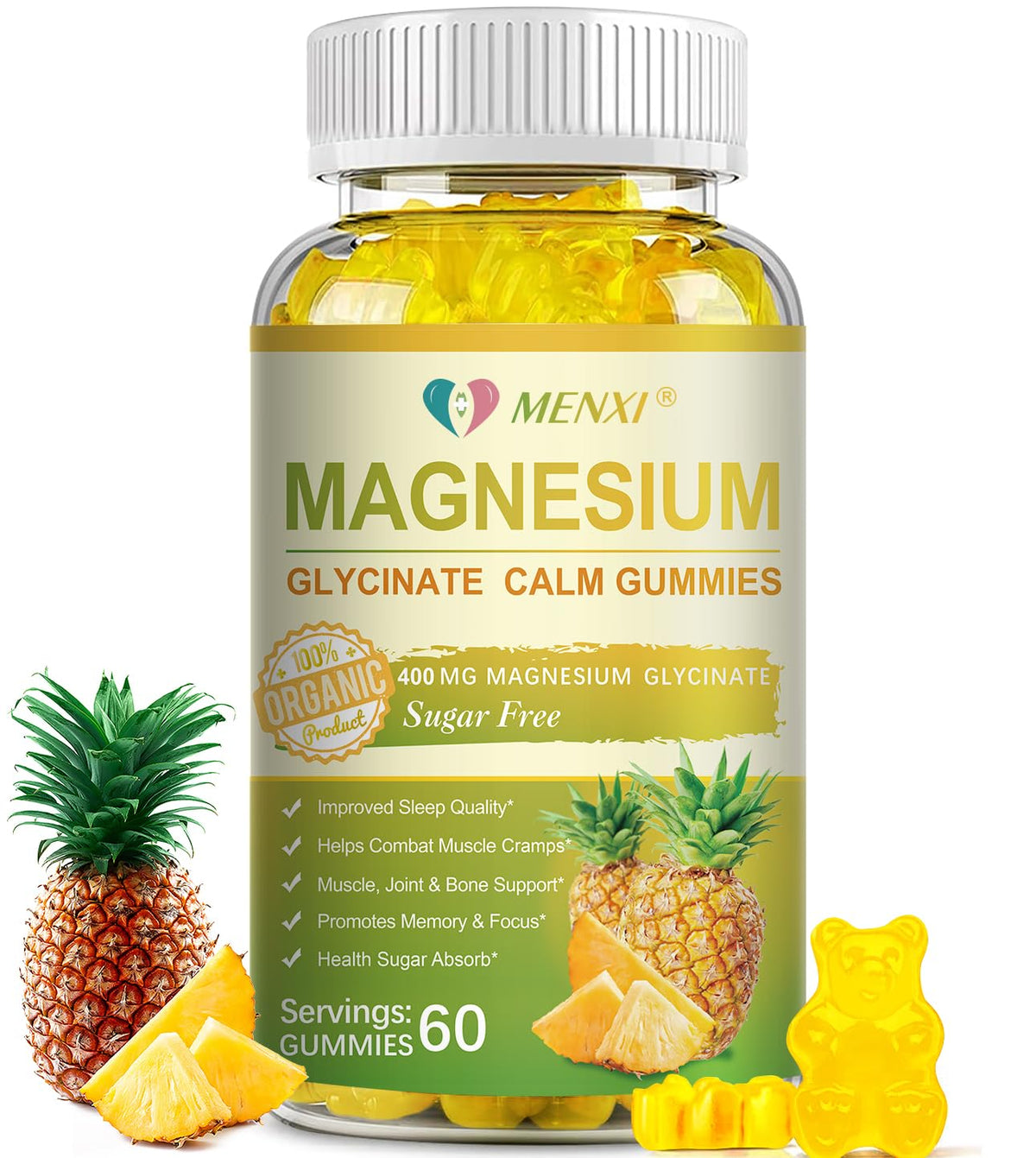 MENXI Magnesium Gummies 400mg Glycinate pineapple flavour front view