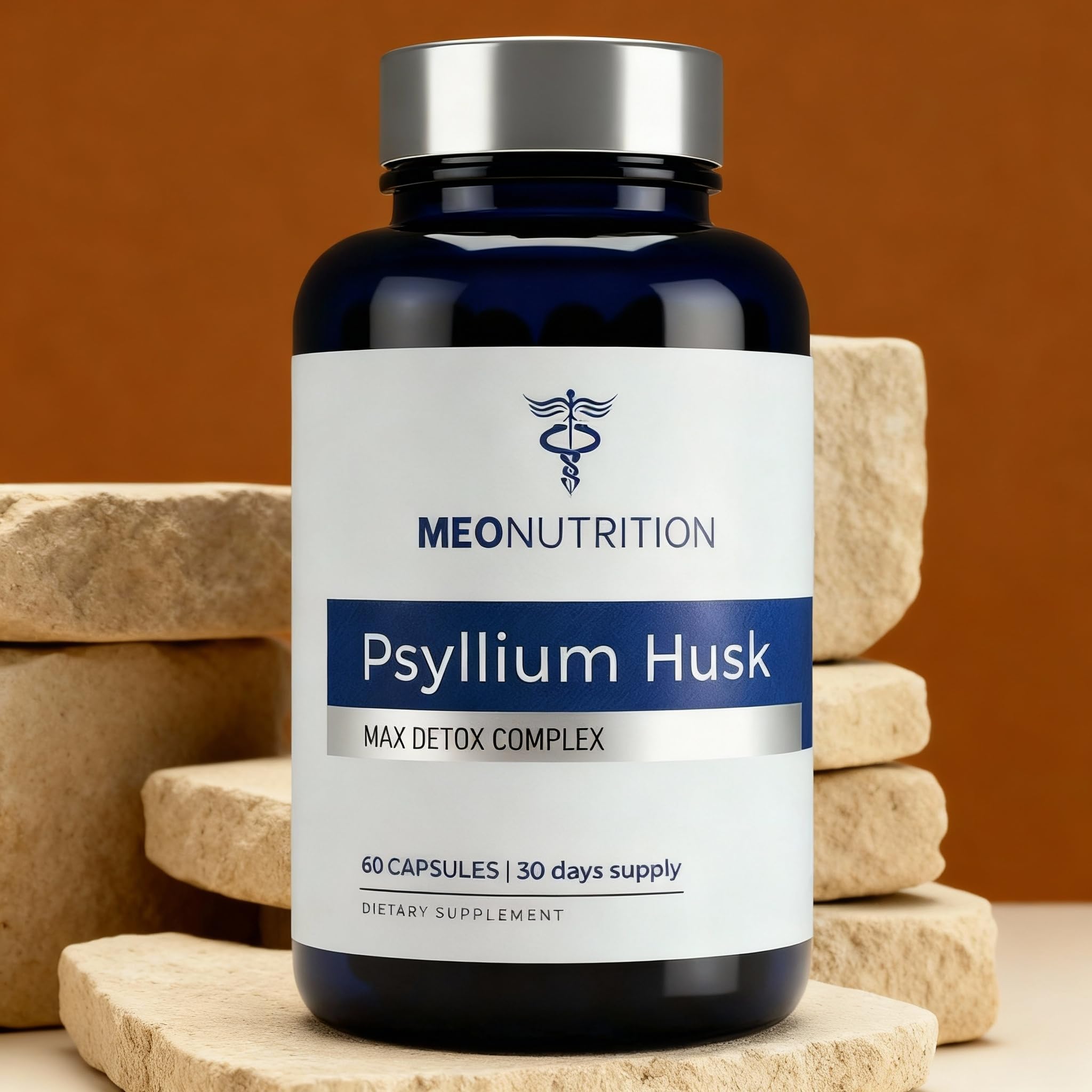 Meo Nutrition Psyllium Husk Capsules with a measuring spoon and water