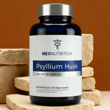Meo Nutrition Psyllium Husk Capsules with a measuring spoon and water