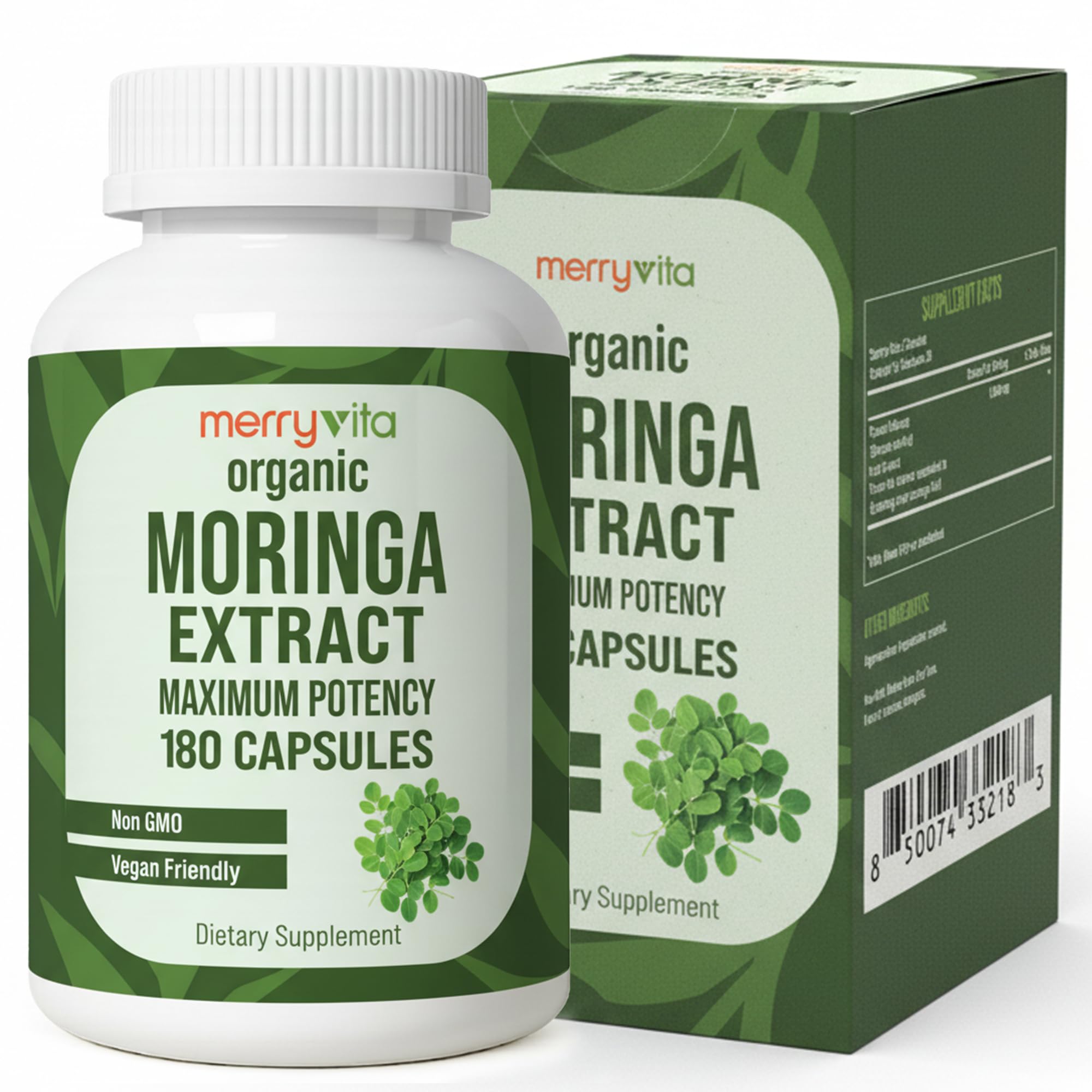 MERRY VITA Moringa Capsules 180 count bottle front view
