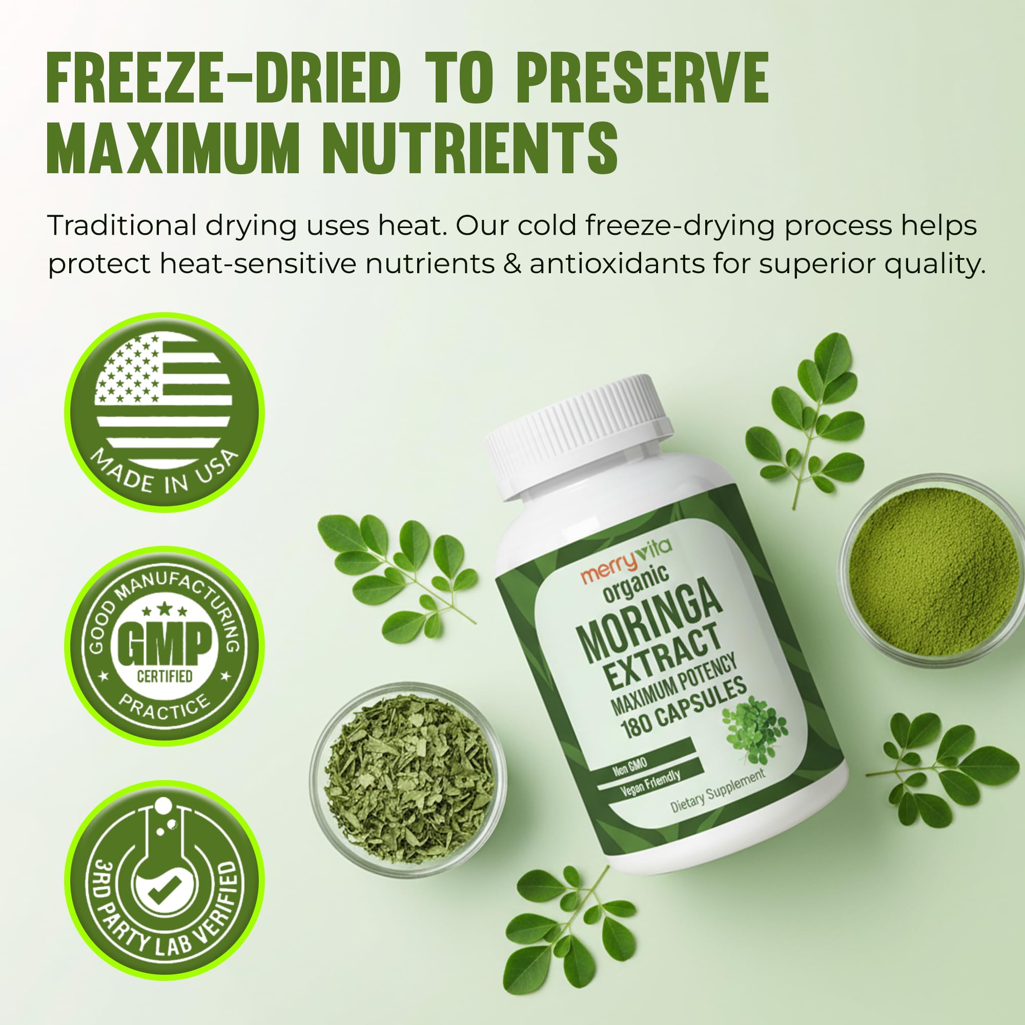MERRY VITA Moringa Capsules back view with ingredient list