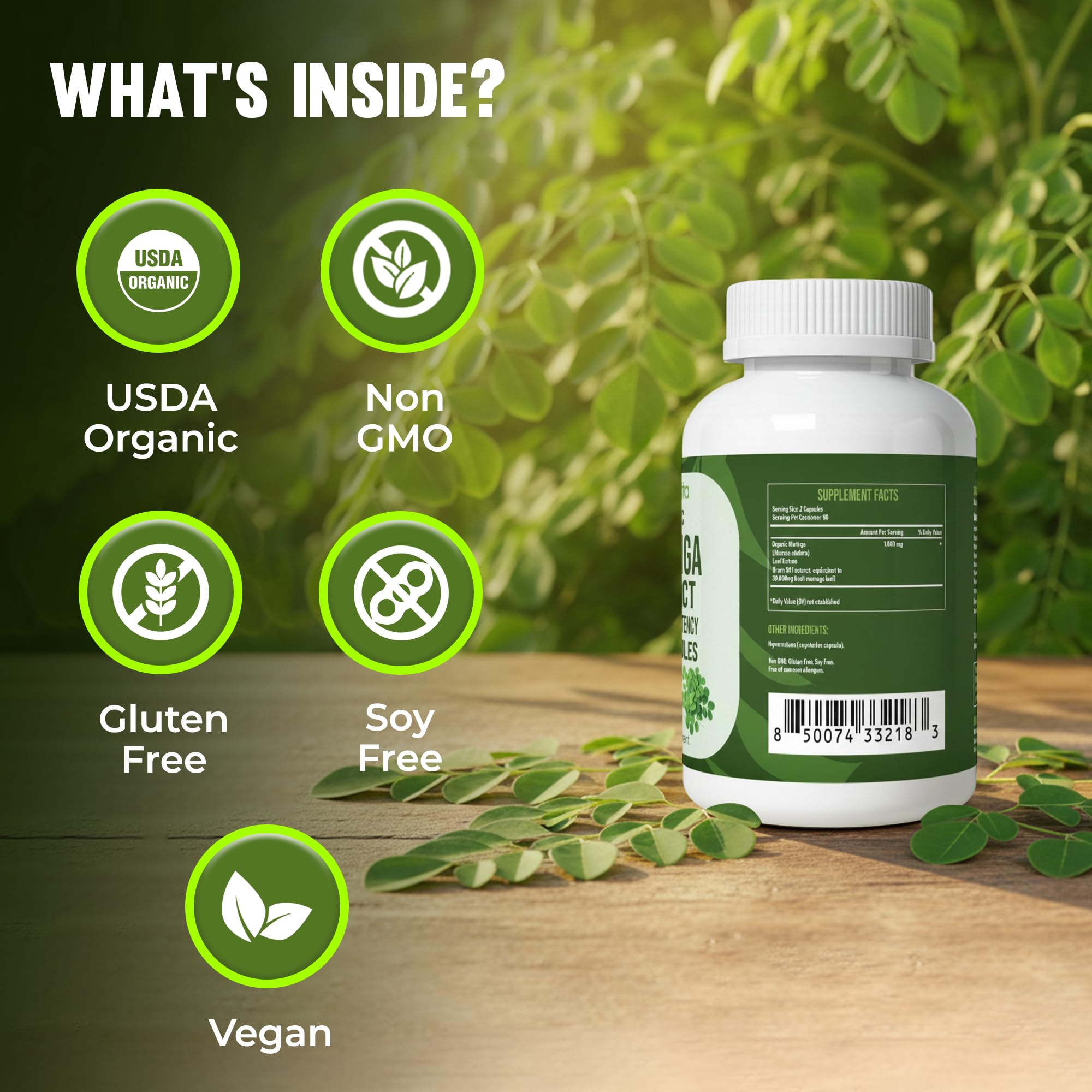 MERRY VITA Moringa Capsules bottle with capsules on wooden surface
