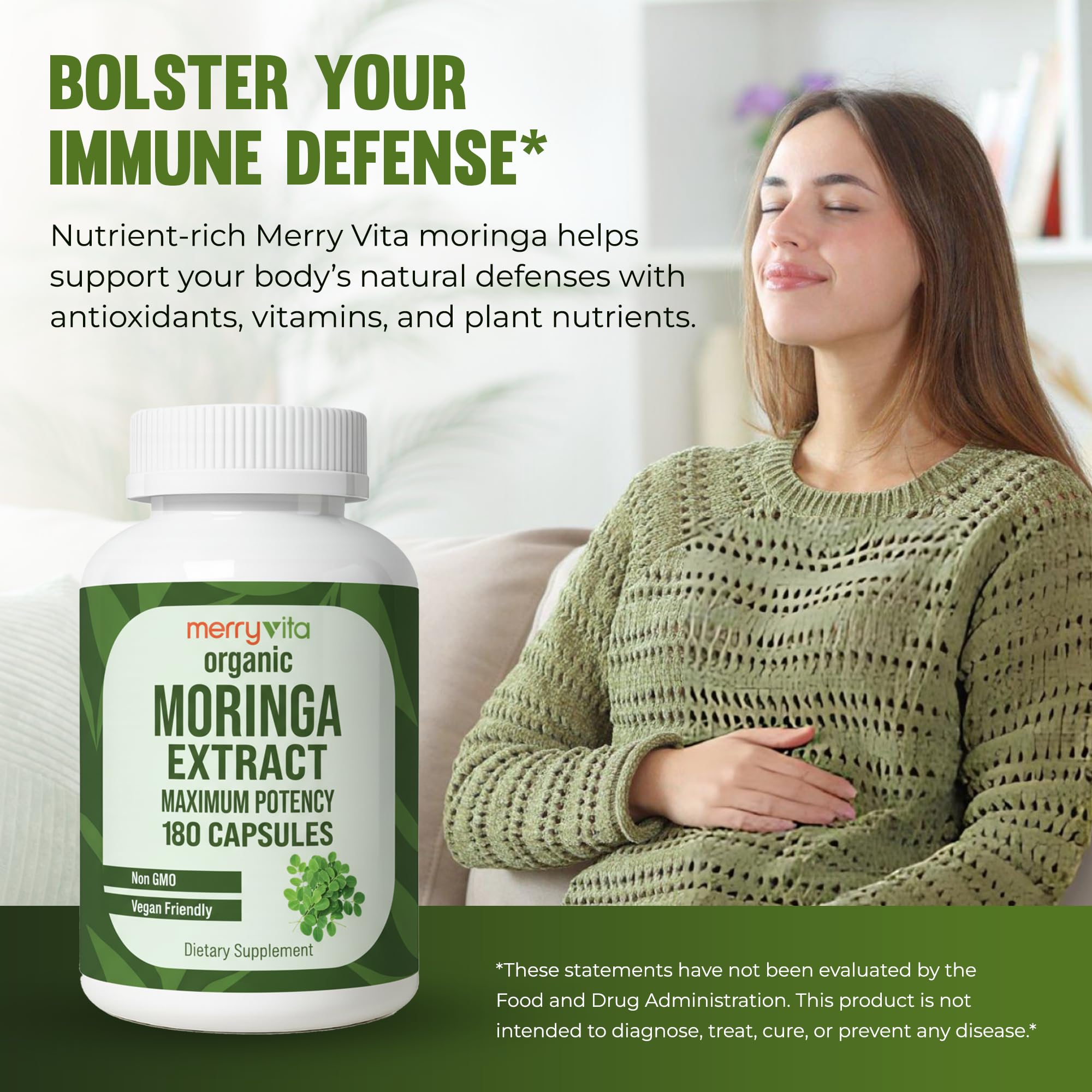 MERRY VITA Moringa Capsules opened bottle with capsules spilling out