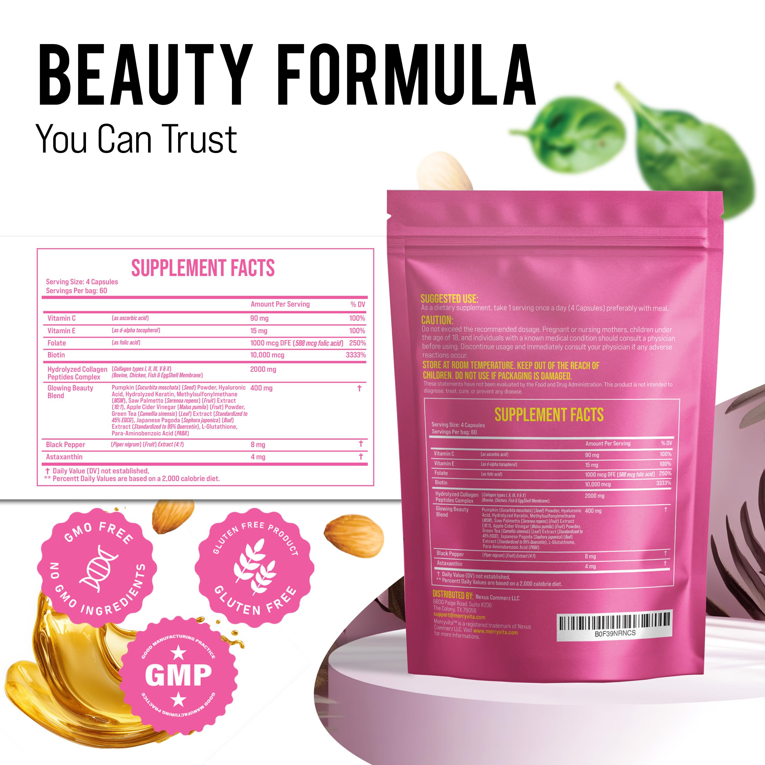 MERRY VITA Multi-Collagen Supplement capsules in a bowl