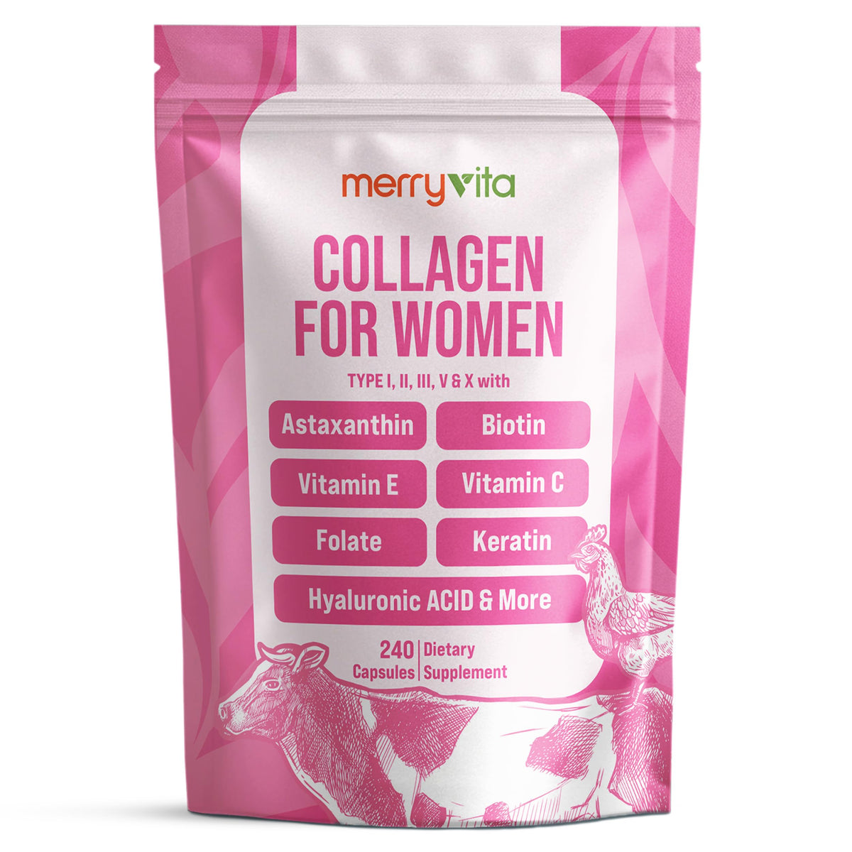 MERRY VITA Multi-Collagen Supplement for Women 240 capsules front view