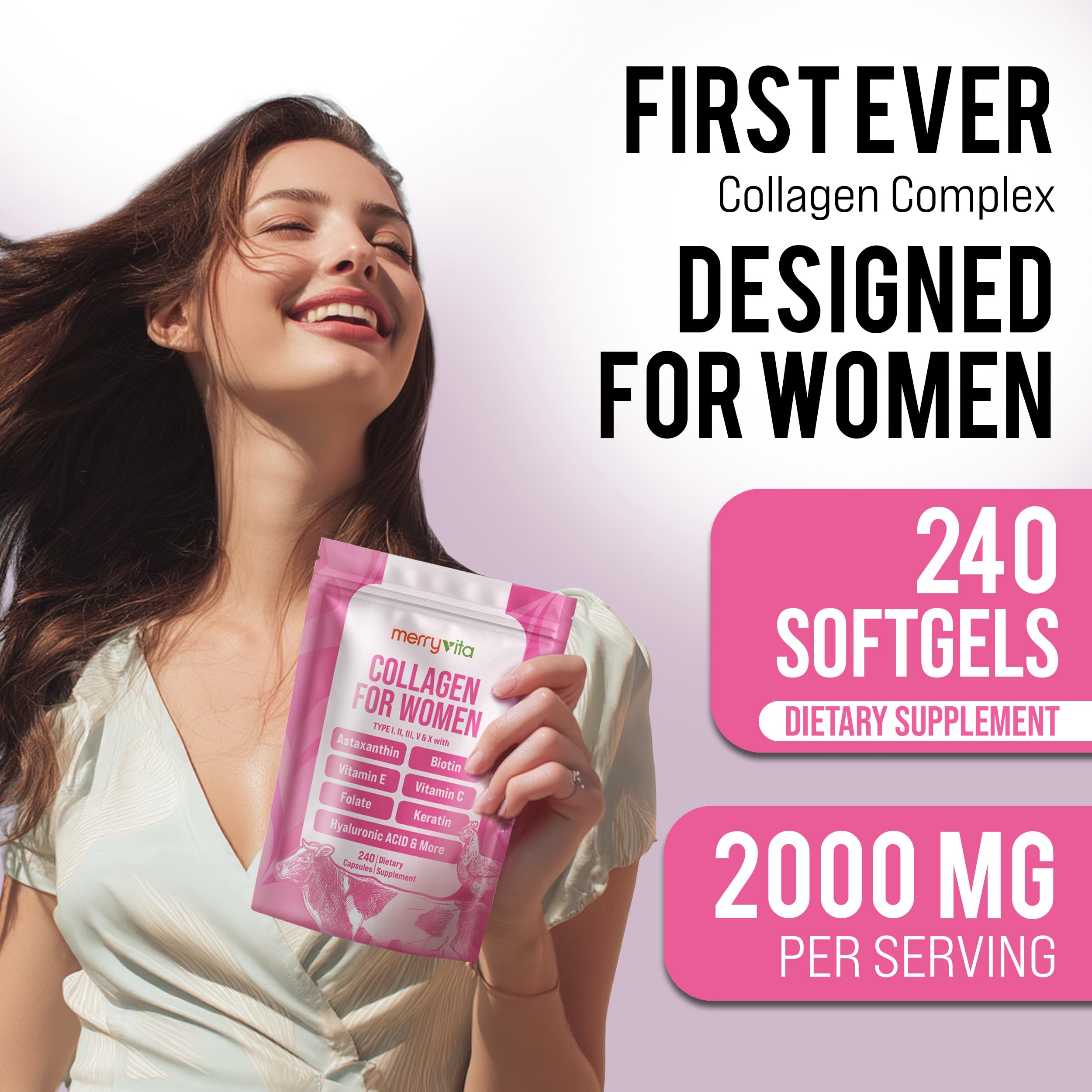 MERRY VITA Multi-Collagen Supplement packaging with ingredients list