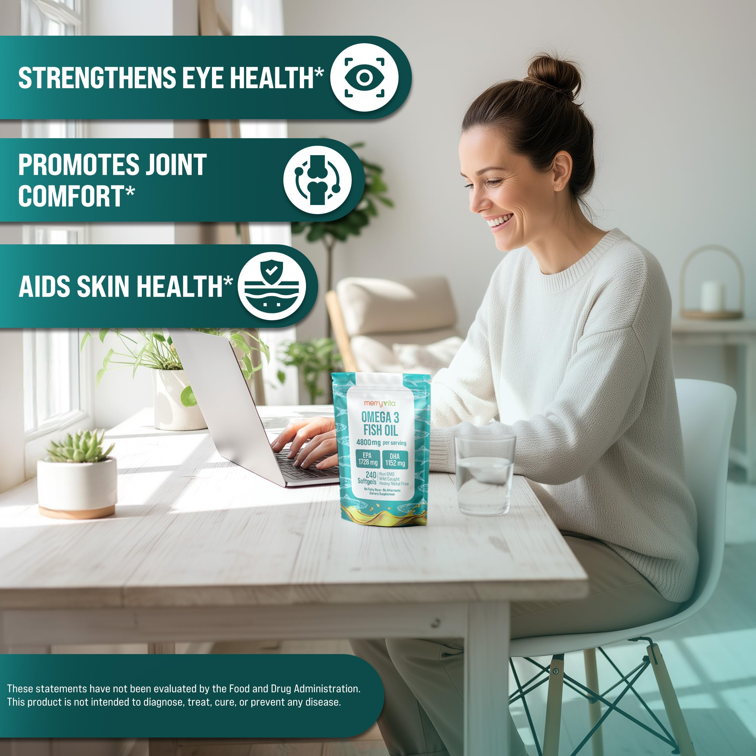 MERRY VITA Omega-3 Fish Oil bottle on a kitchen counter