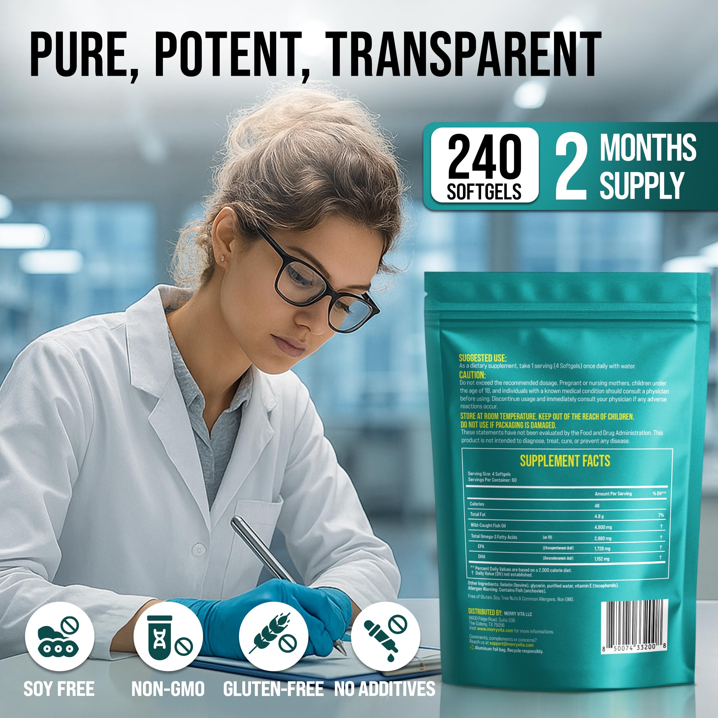 MERRY VITA Omega-3 Fish Oil softgels with measuring spoon