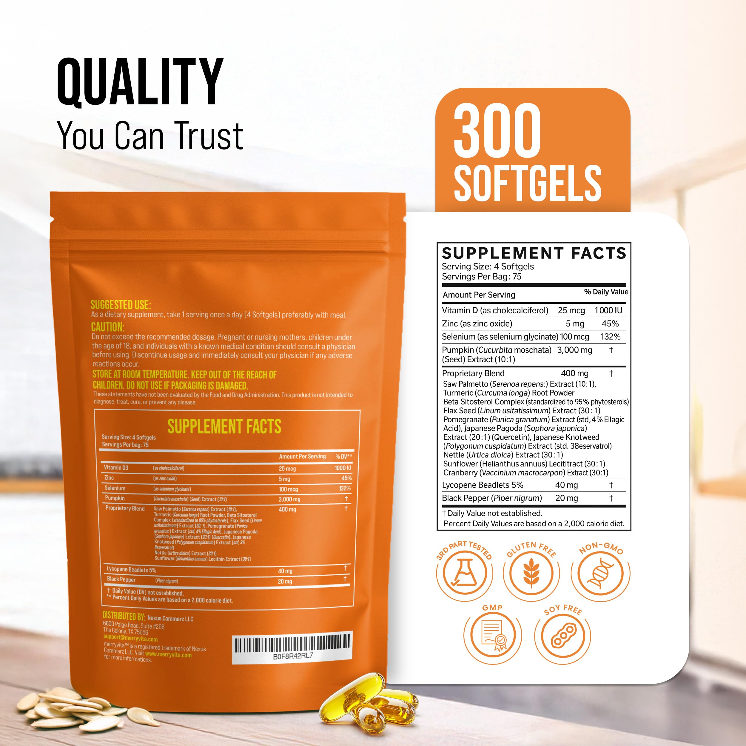MERRY VITA Saw Palmetto & Pumpkin Seed Oil 300 Capsules packaging
