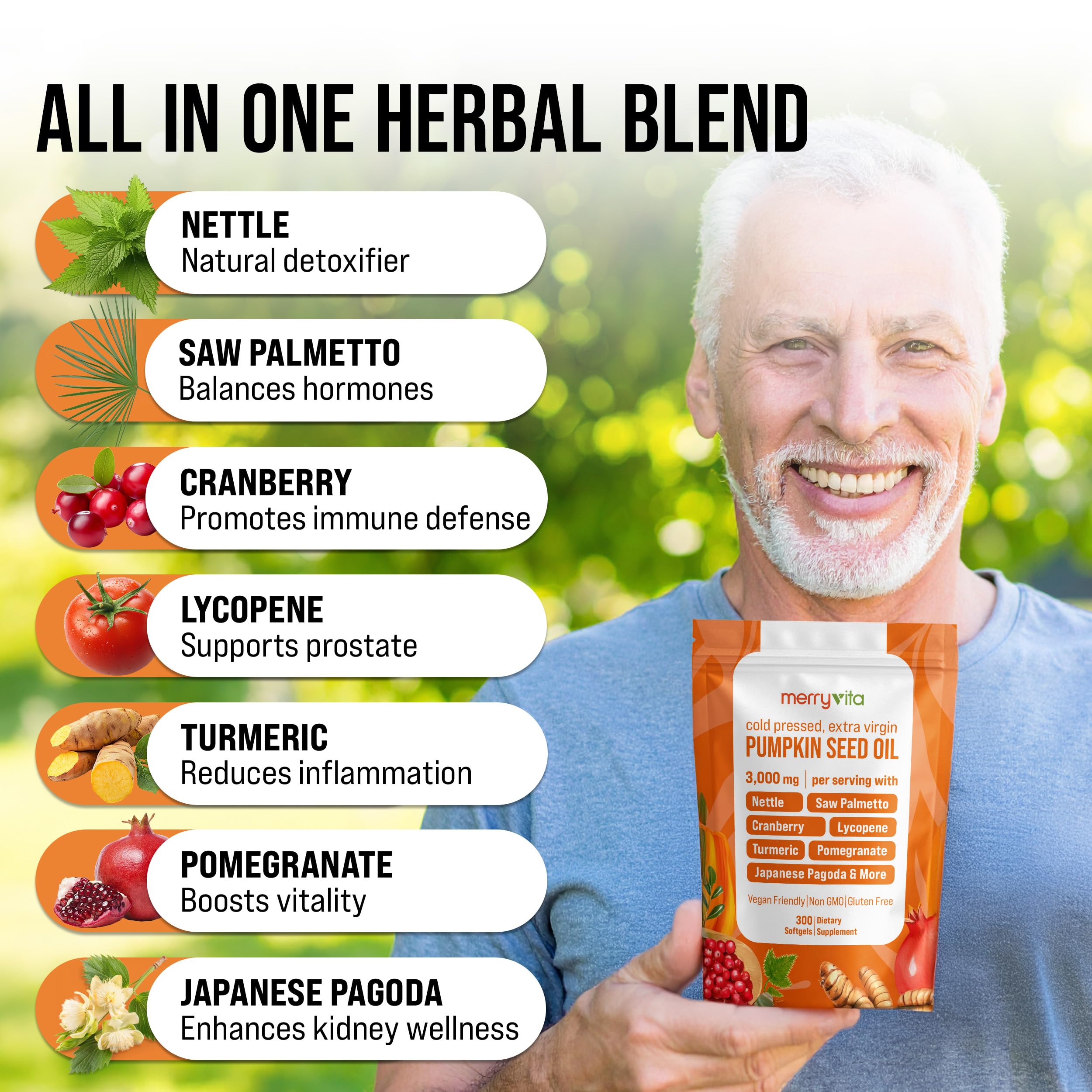 MERRY VITA Saw Palmetto & Pumpkin Seed Oil capsules close-up