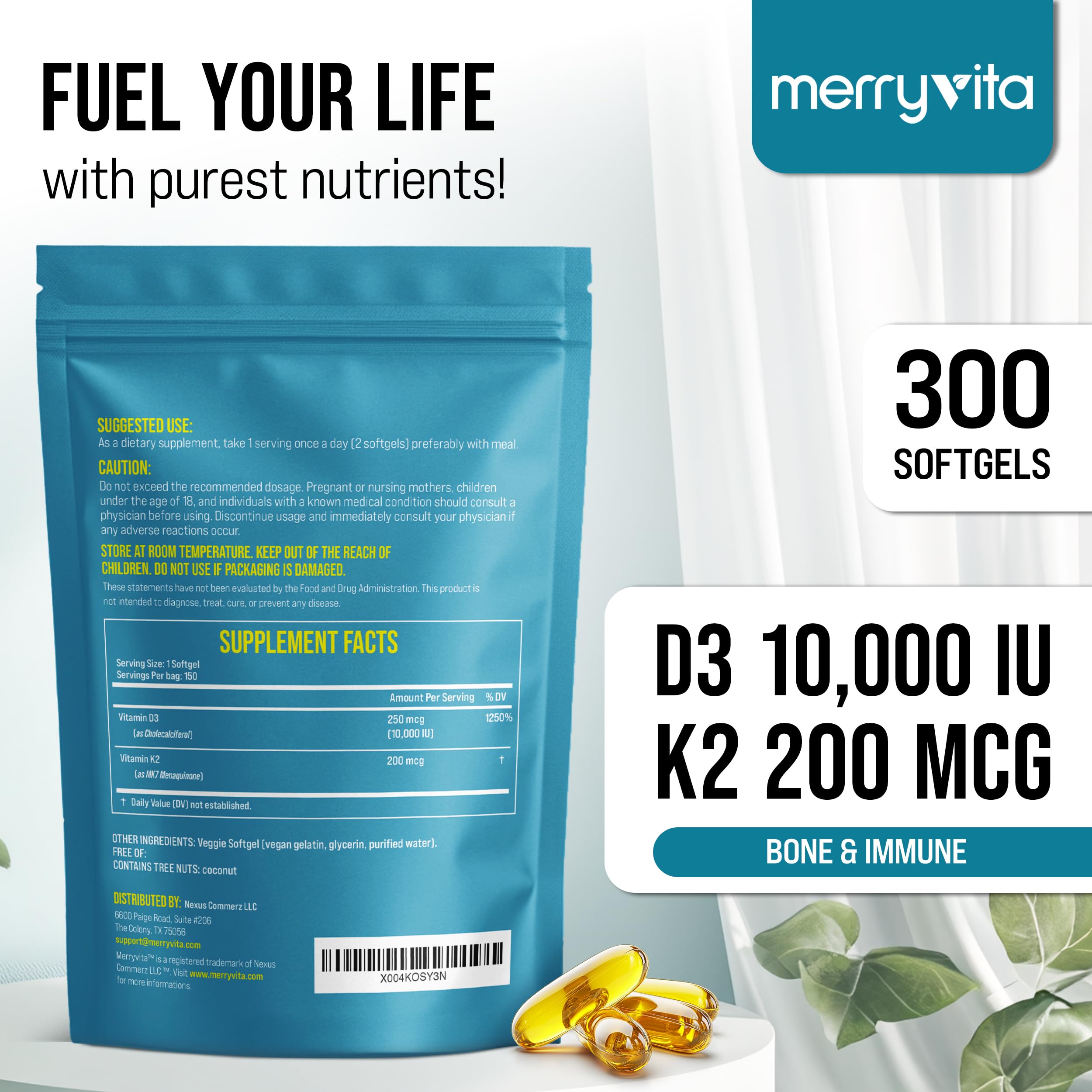 MERRY VITA Vitamin D3 + K2 Softgels 300 count packaging