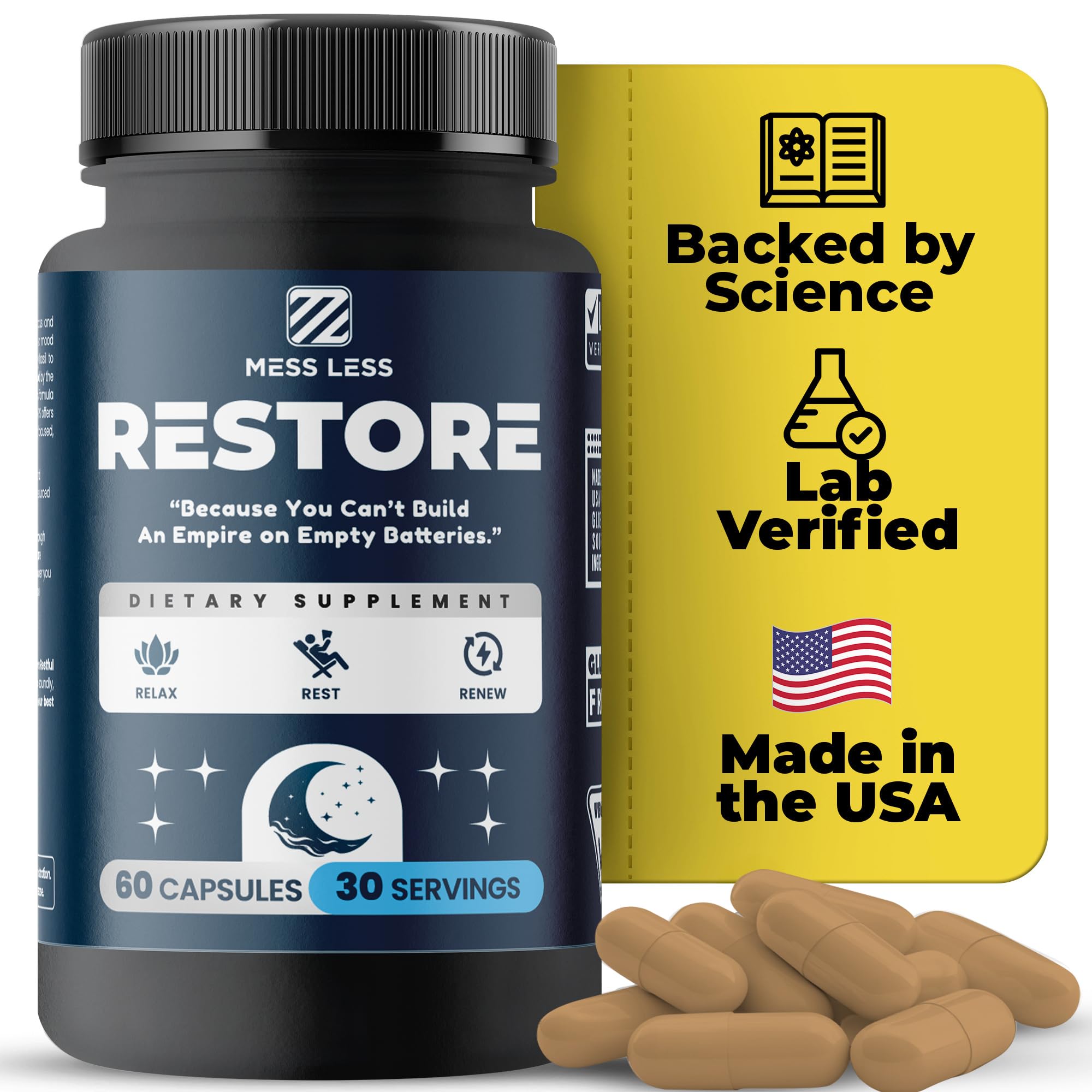 MESS LESS Restore Sleep Supplement capsule front view