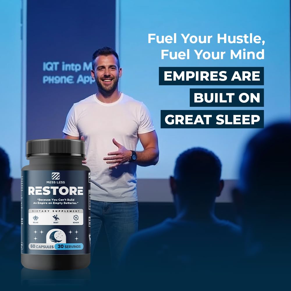 MESS LESS Restore Sleep Supplement packaging with ingredients