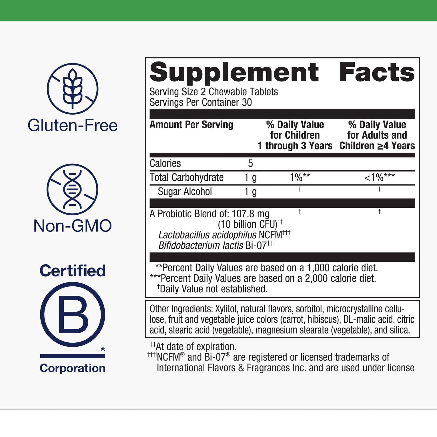 Metagenics Children's Probiotic Blend chewable tablets on a table