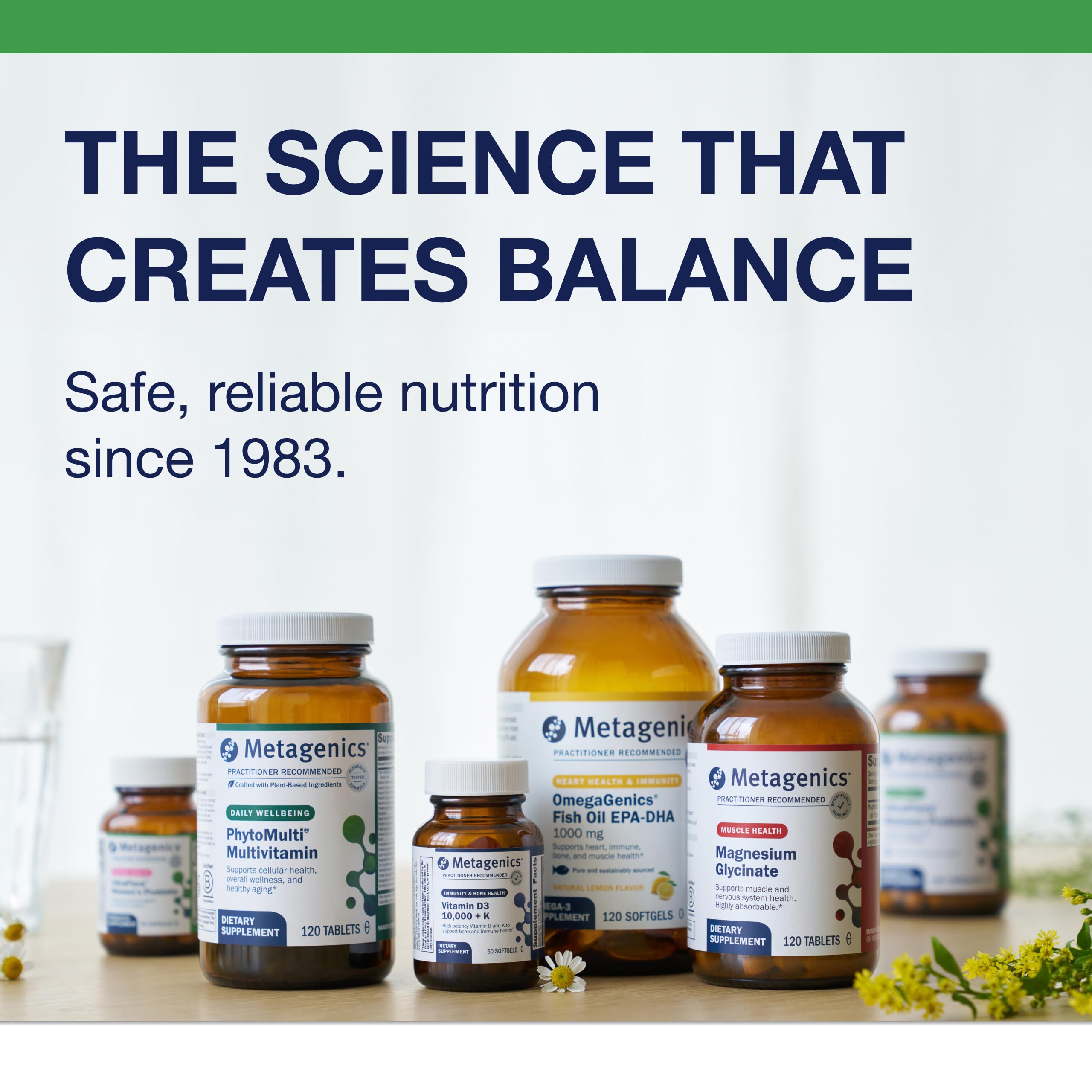Metagenics Daily Spectrum Probiotic capsules on a wooden table