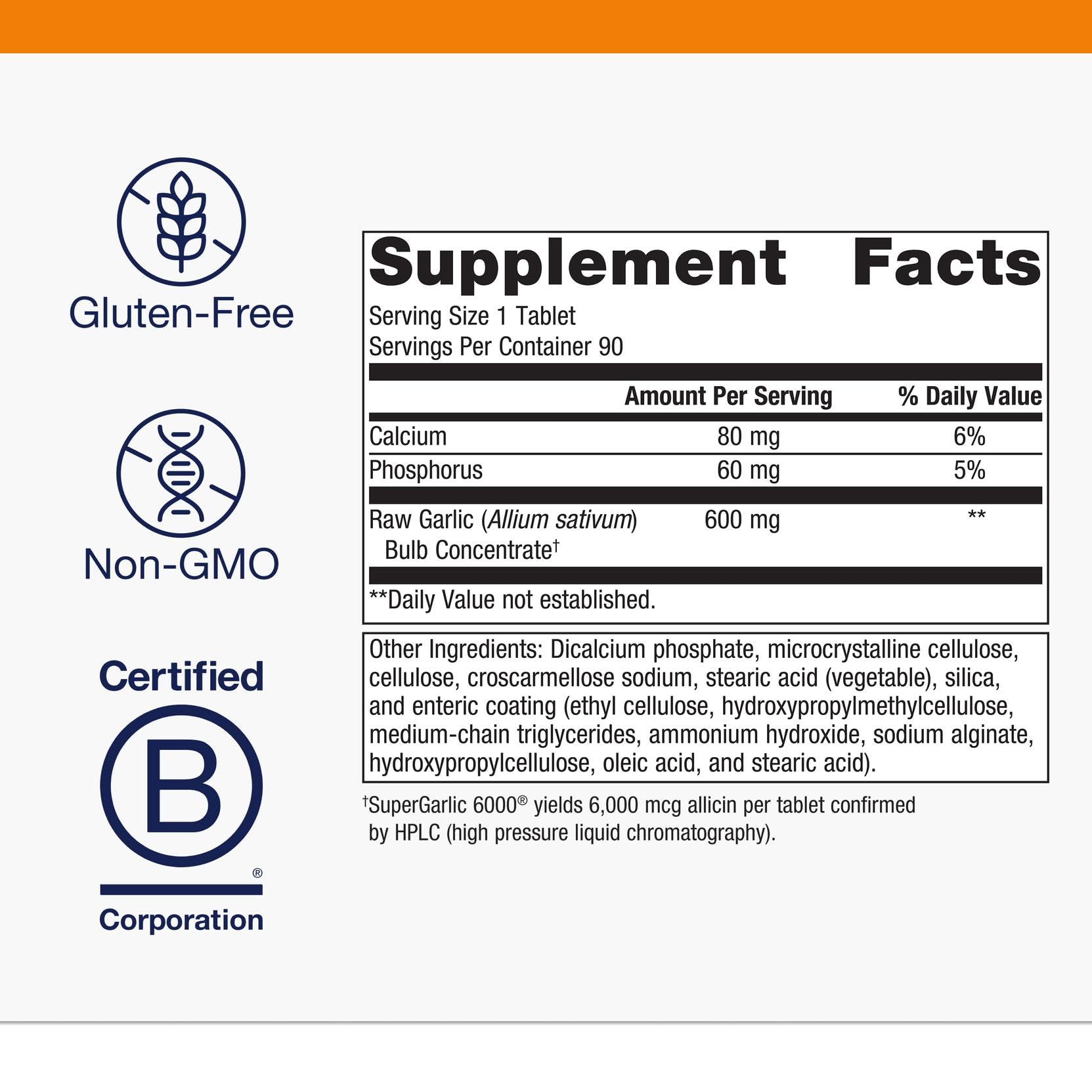 Metagenics Odourless Garlic Tablets back view with ingredient list