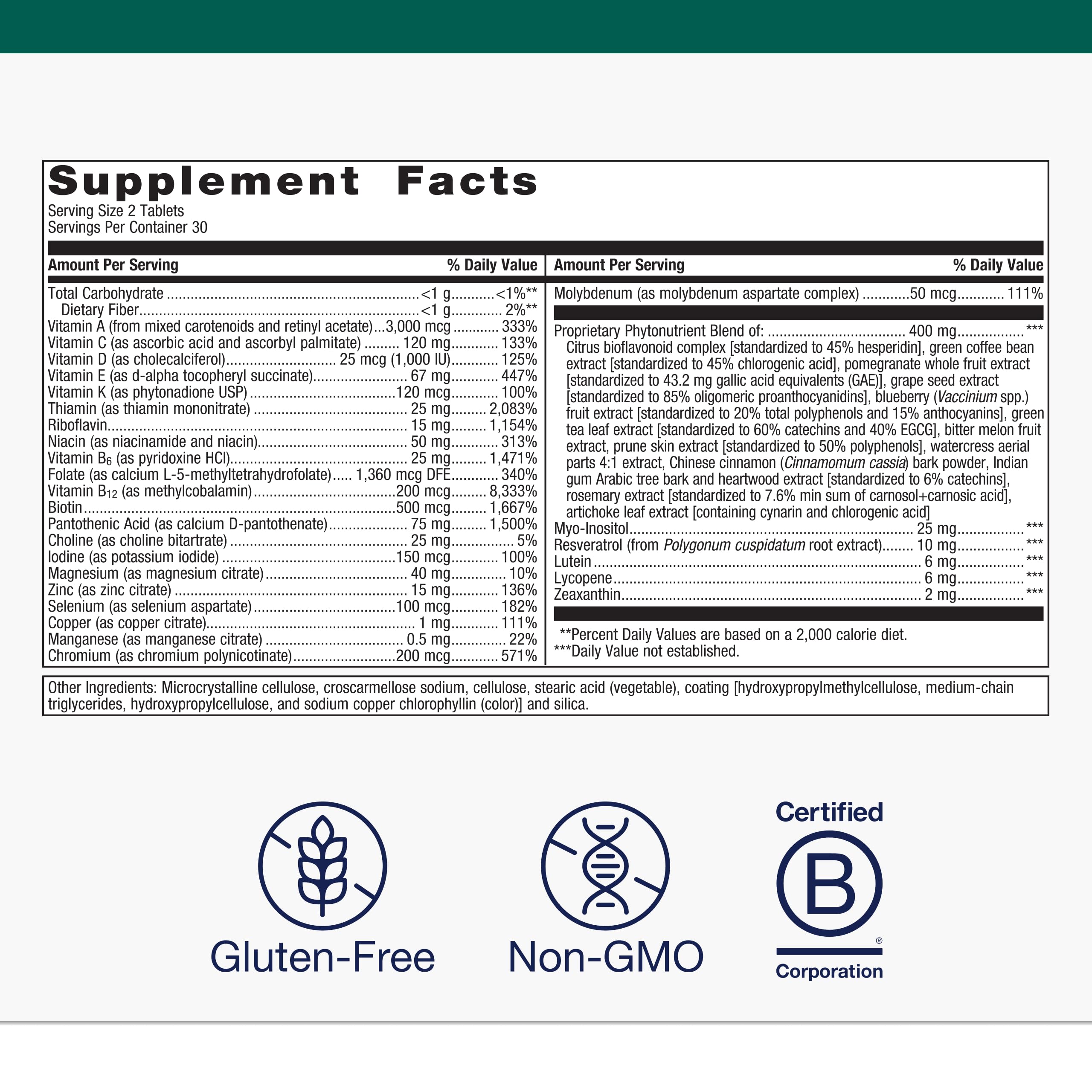 Metagenics PhytoMulti Multivitamin without Iron ingredients list