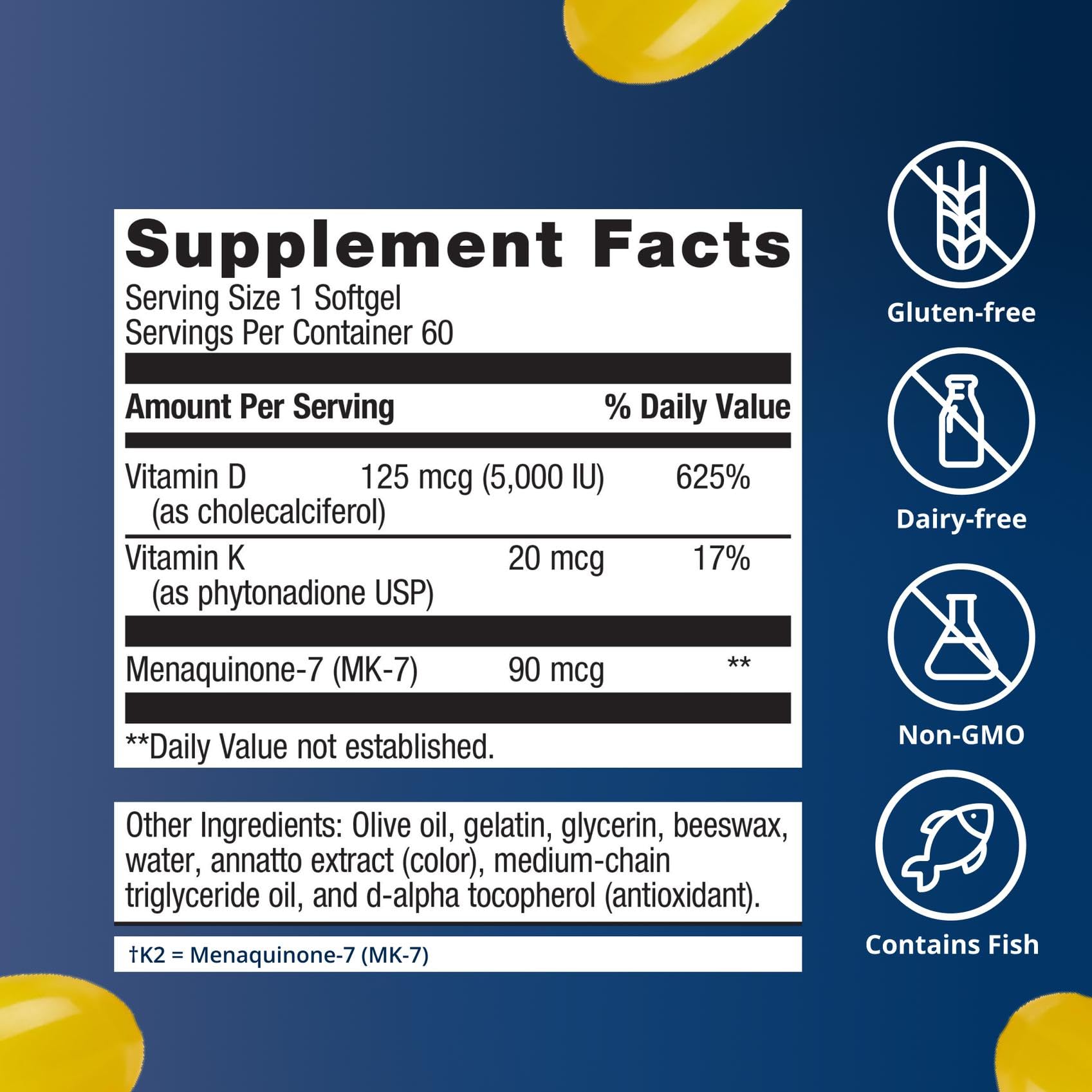 Metagenics Vitamin D3 & K2 5000 IU Softgels on a table