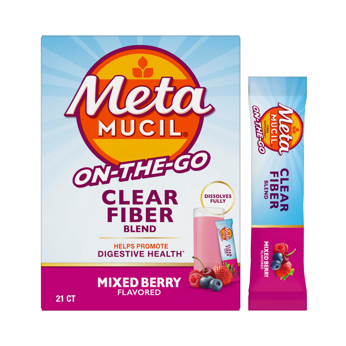 Metamucil Clear Fiber Blend Stick Packs 90g Mixed Berry front view
