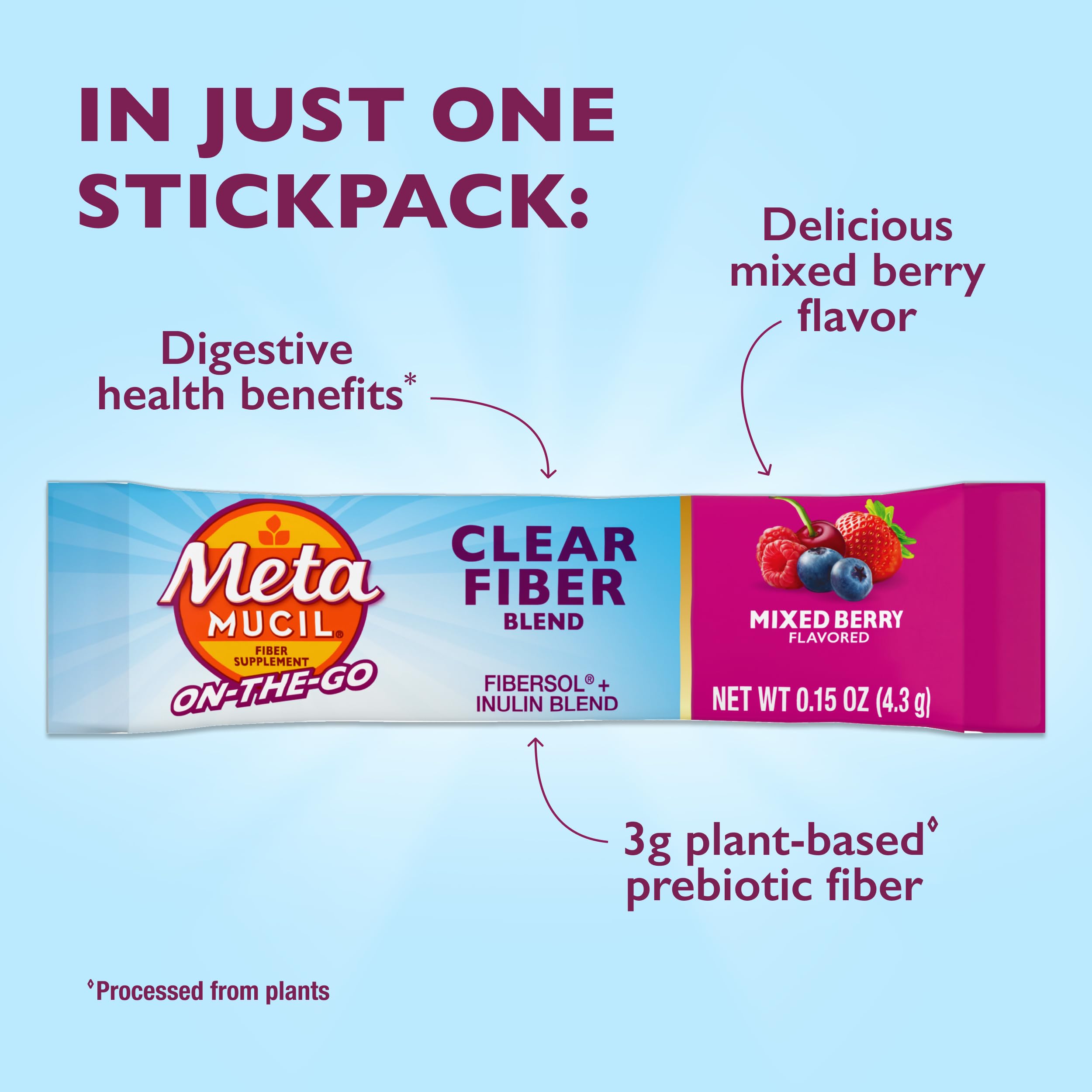 Metamucil Clear Fiber Blend Stick Packs 90g Mixed Berry packaging