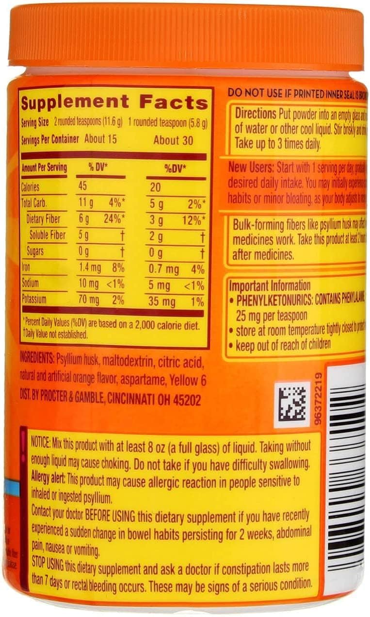 Metamucil Daily Fibre Supplement Powder 649g back view showing ingredients