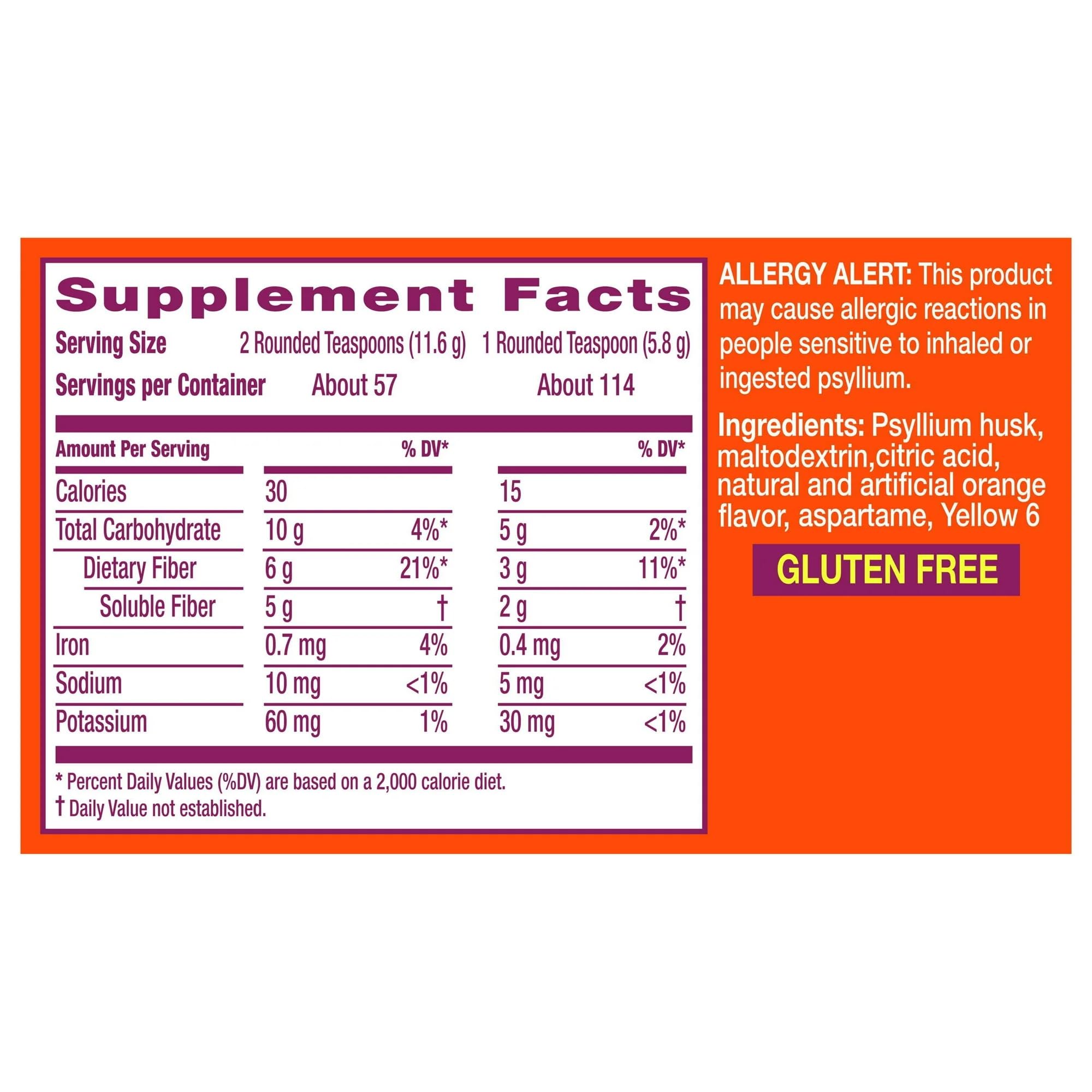 Metamucil Daily Fibre Supplement Powder 649g displayed with a fresh orange