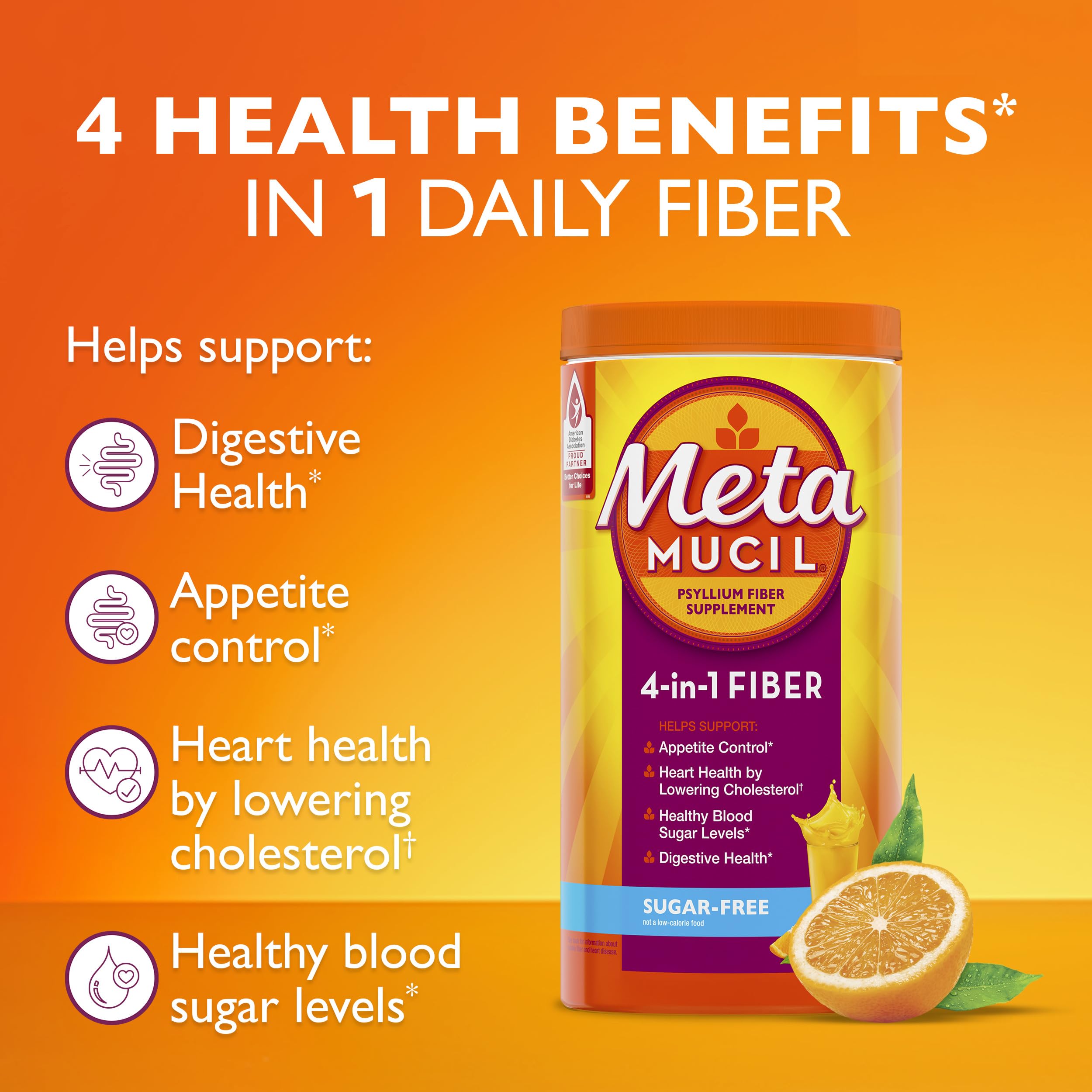 Metamucil Psyllium Husk Fibre Supplement 762g orange flavour powder