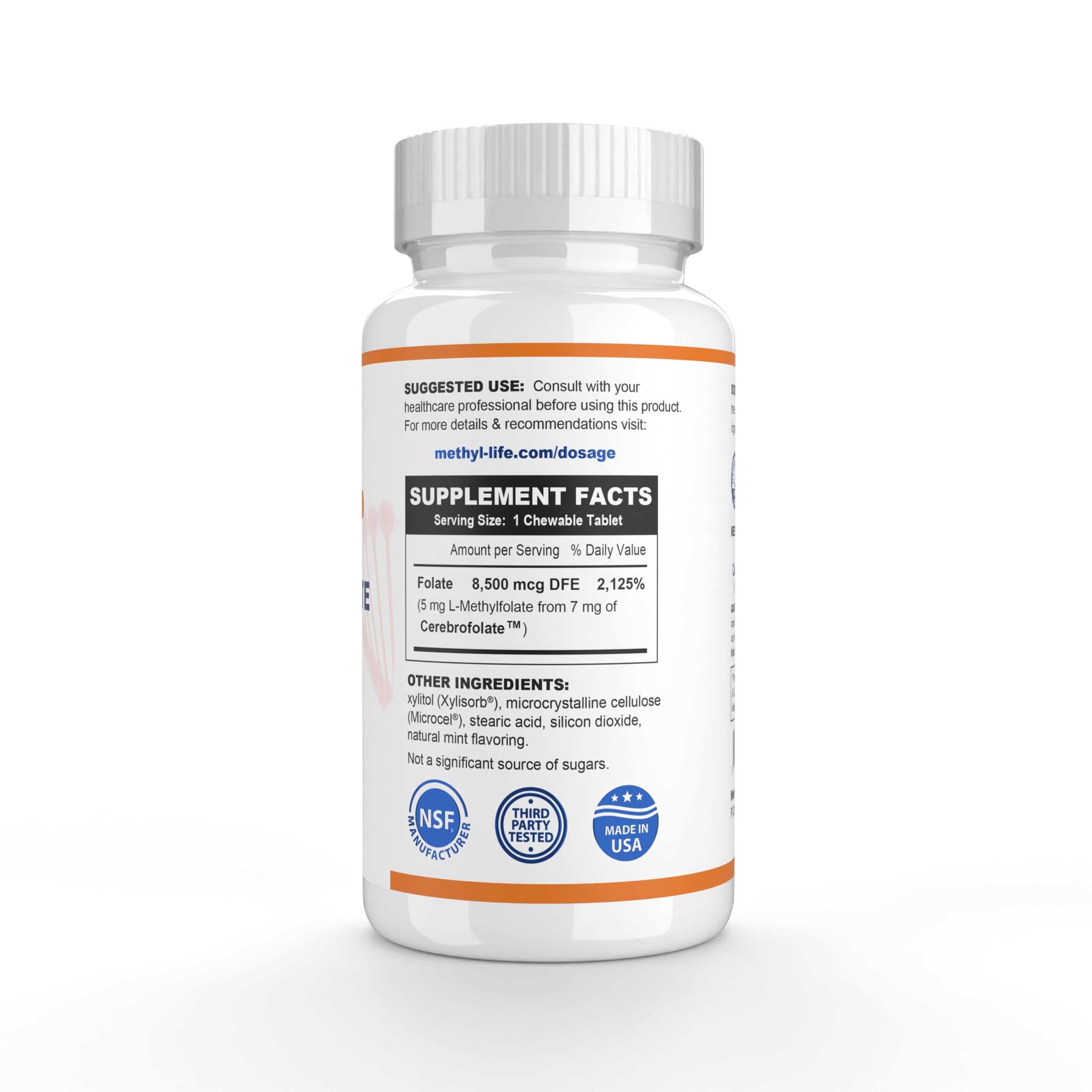 Methyl-Life L-Methylfolate 5 mg chewable tablets side view
