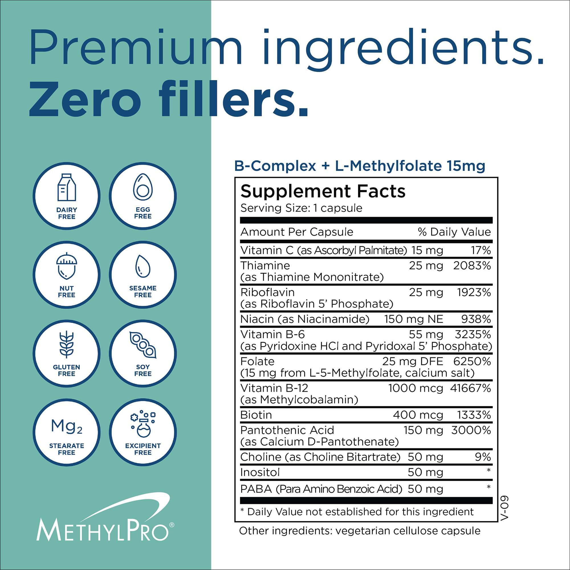 MethylPro B-Complex + L-Methylfolate 15mg capsules displayed with other supplements