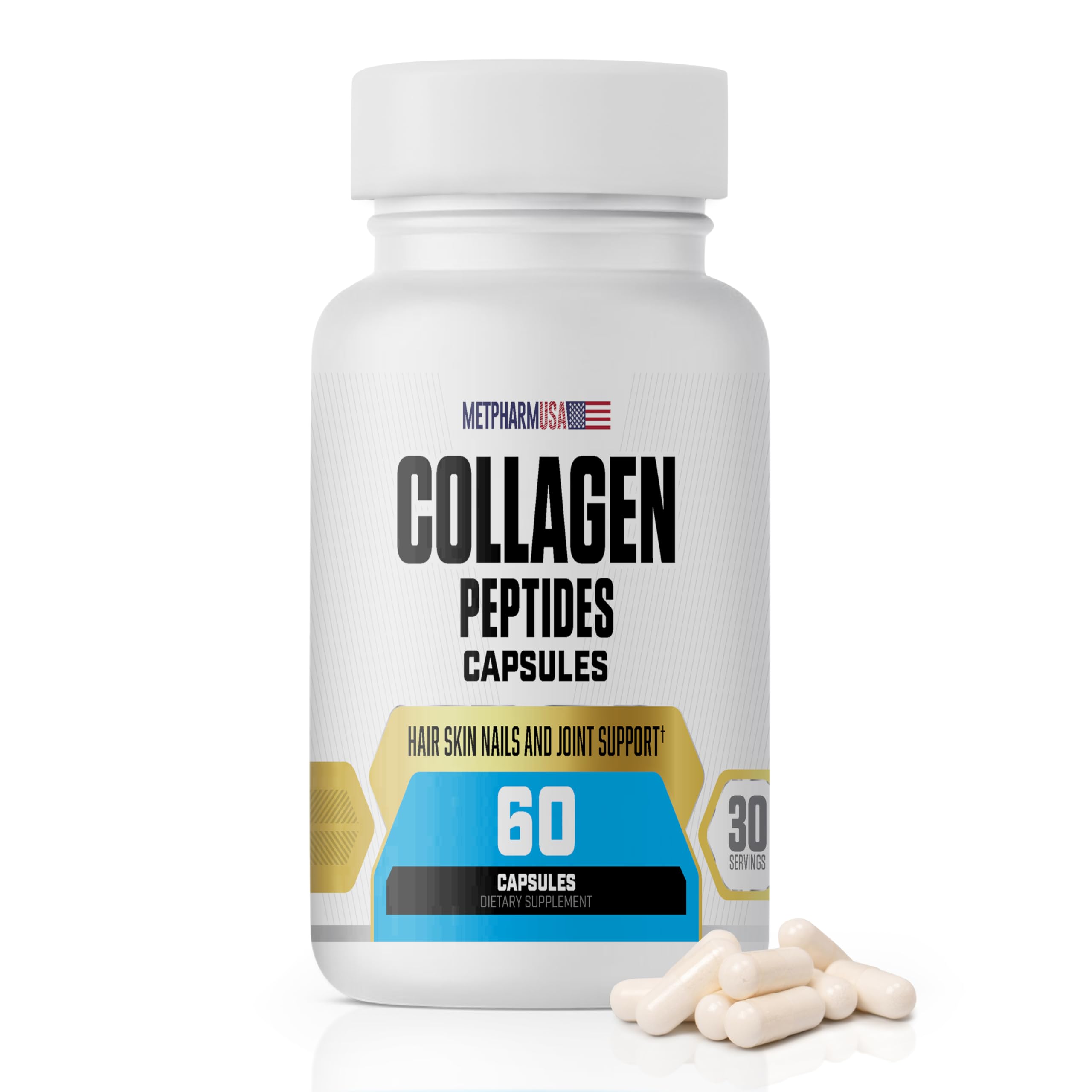 MetpharmUSA Collagen Peptides Capsules front view with packaging