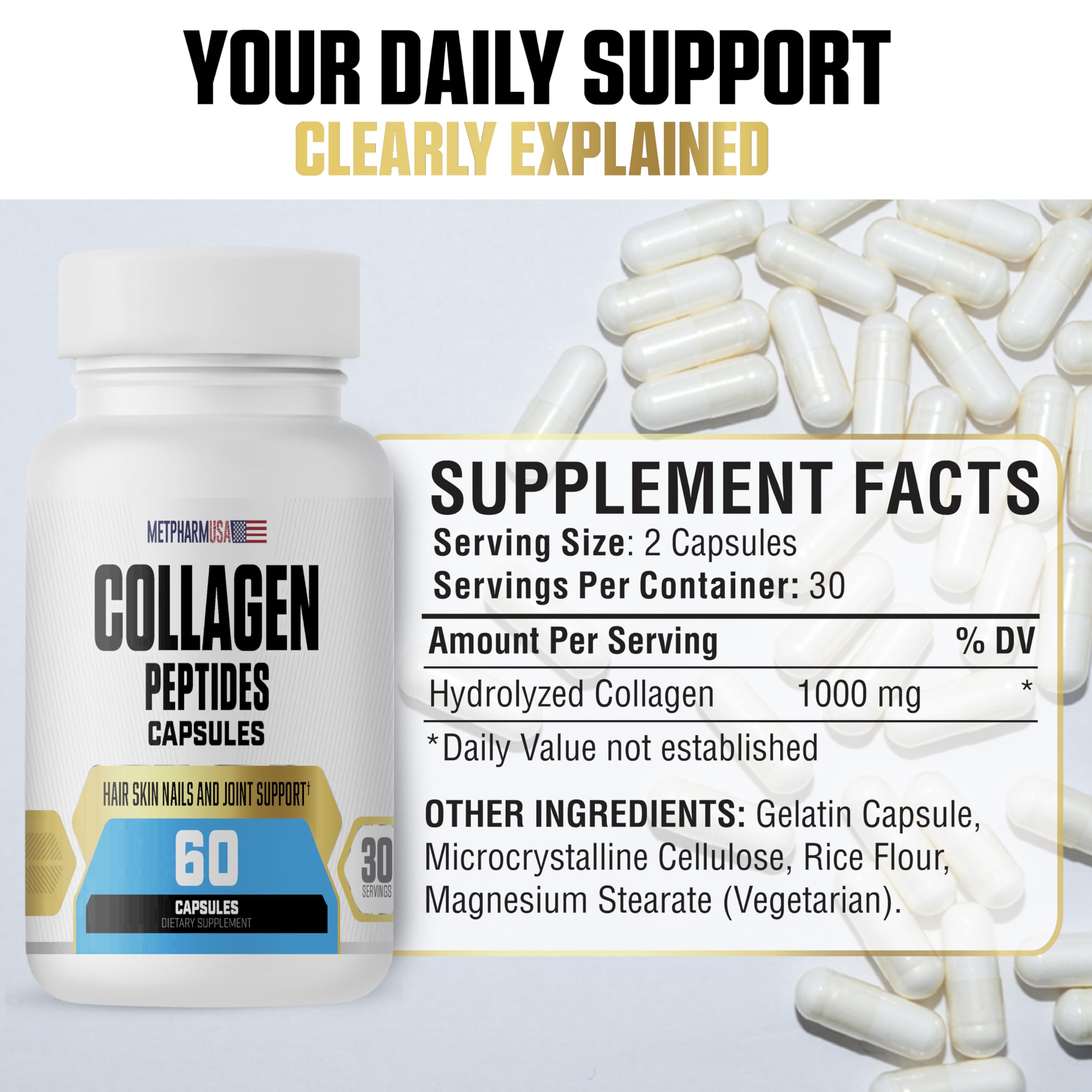 MetpharmUSA Collagen Peptides Capsules lifestyle scene with a glass of water