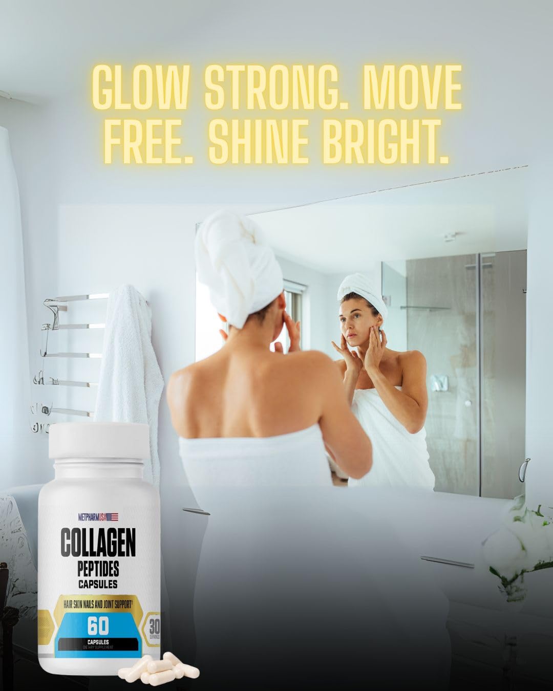 MetpharmUSA Collagen Peptides Capsules on a countertop with a plant