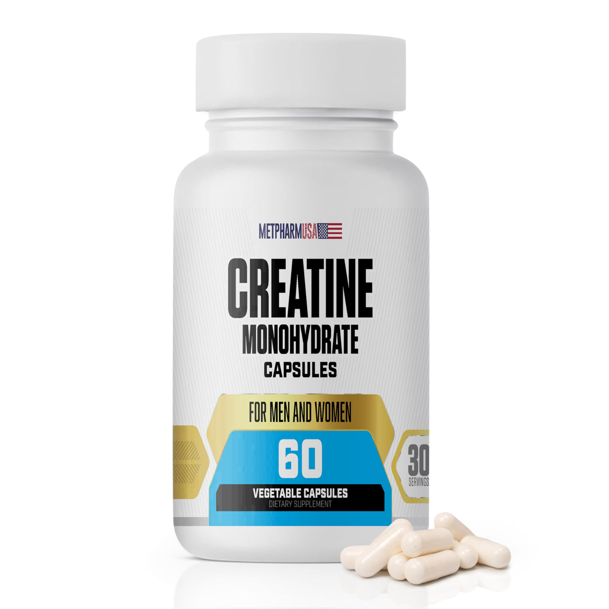 MetpharmUSA Creatine Monohydrate Capsules front view with packaging
