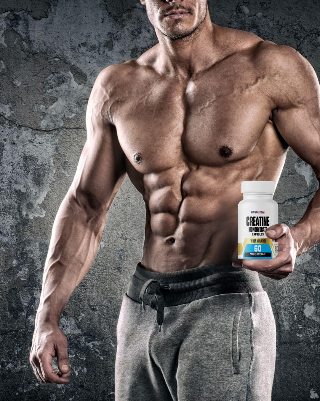 MetpharmUSA Creatine Monohydrate Capsules on a gym bench