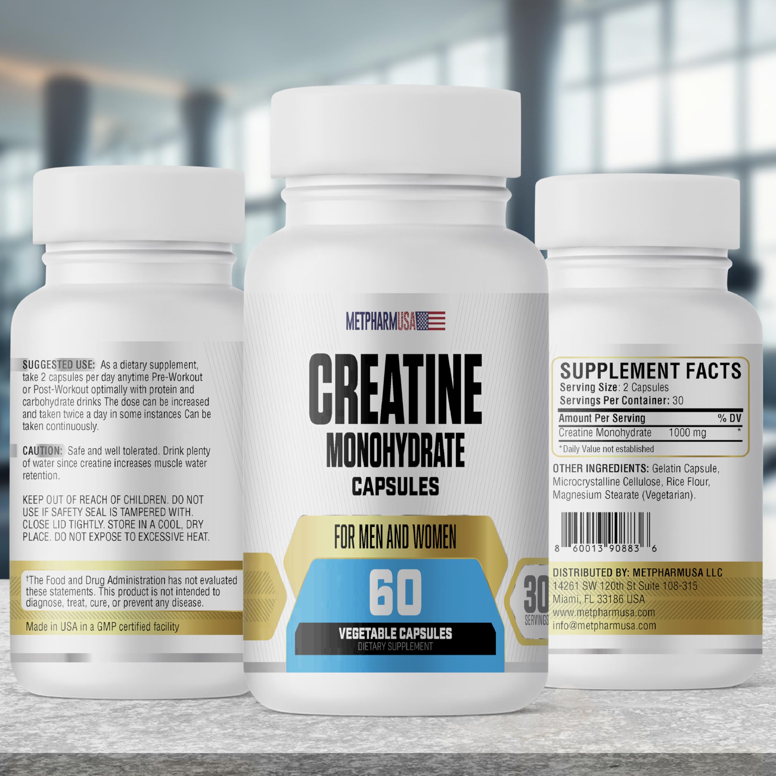 MetpharmUSA Creatine Monohydrate Capsules side view showing capsule details
