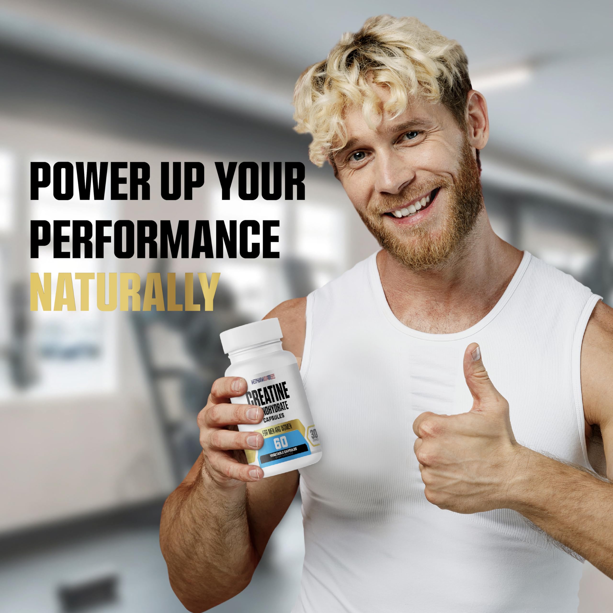 MetpharmUSA Creatine Monohydrate Capsules with a measuring scoop