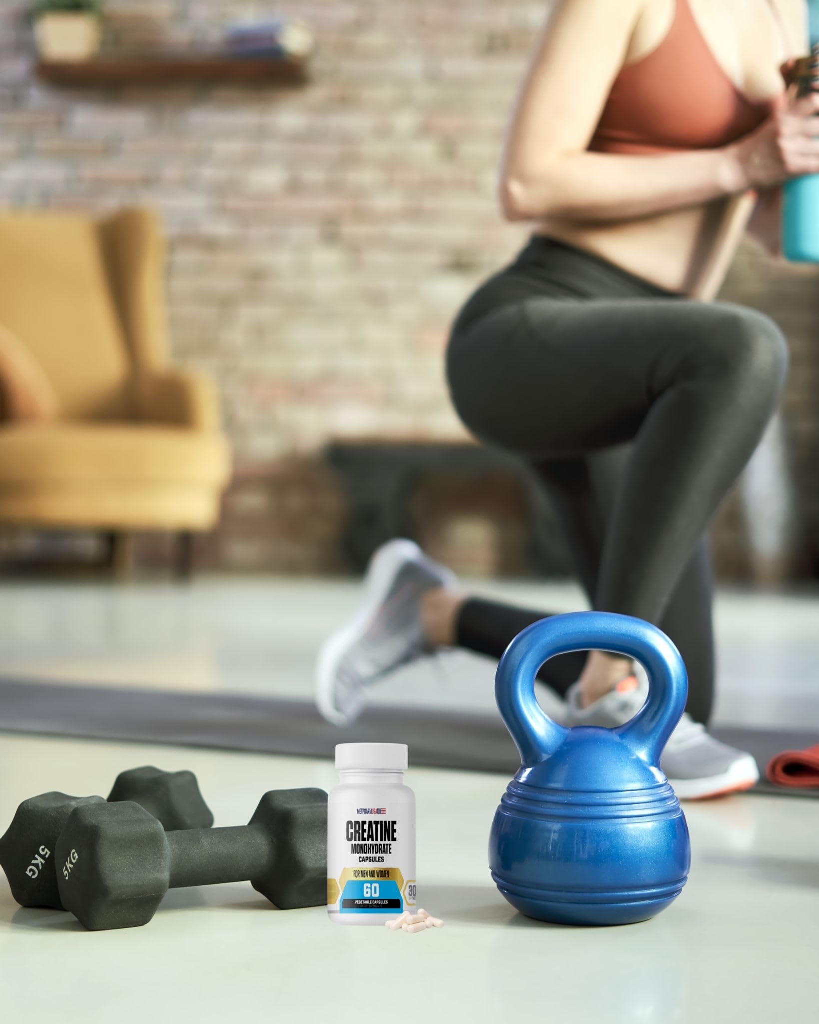 MetpharmUSA Creatine Monohydrate Capsules with fitness accessories