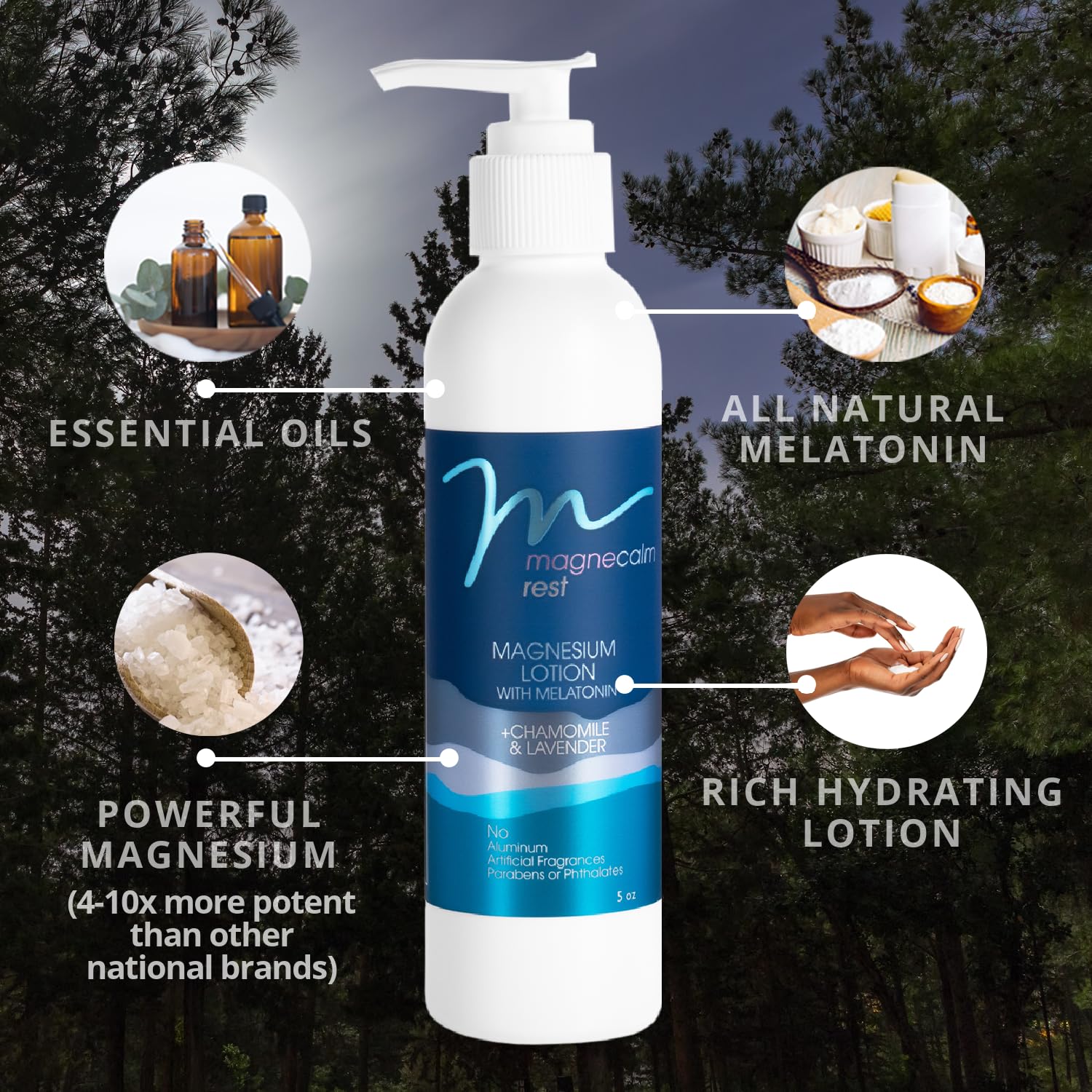 MG12 Rest Lotion 5 Fl Oz side view with pump dispenser