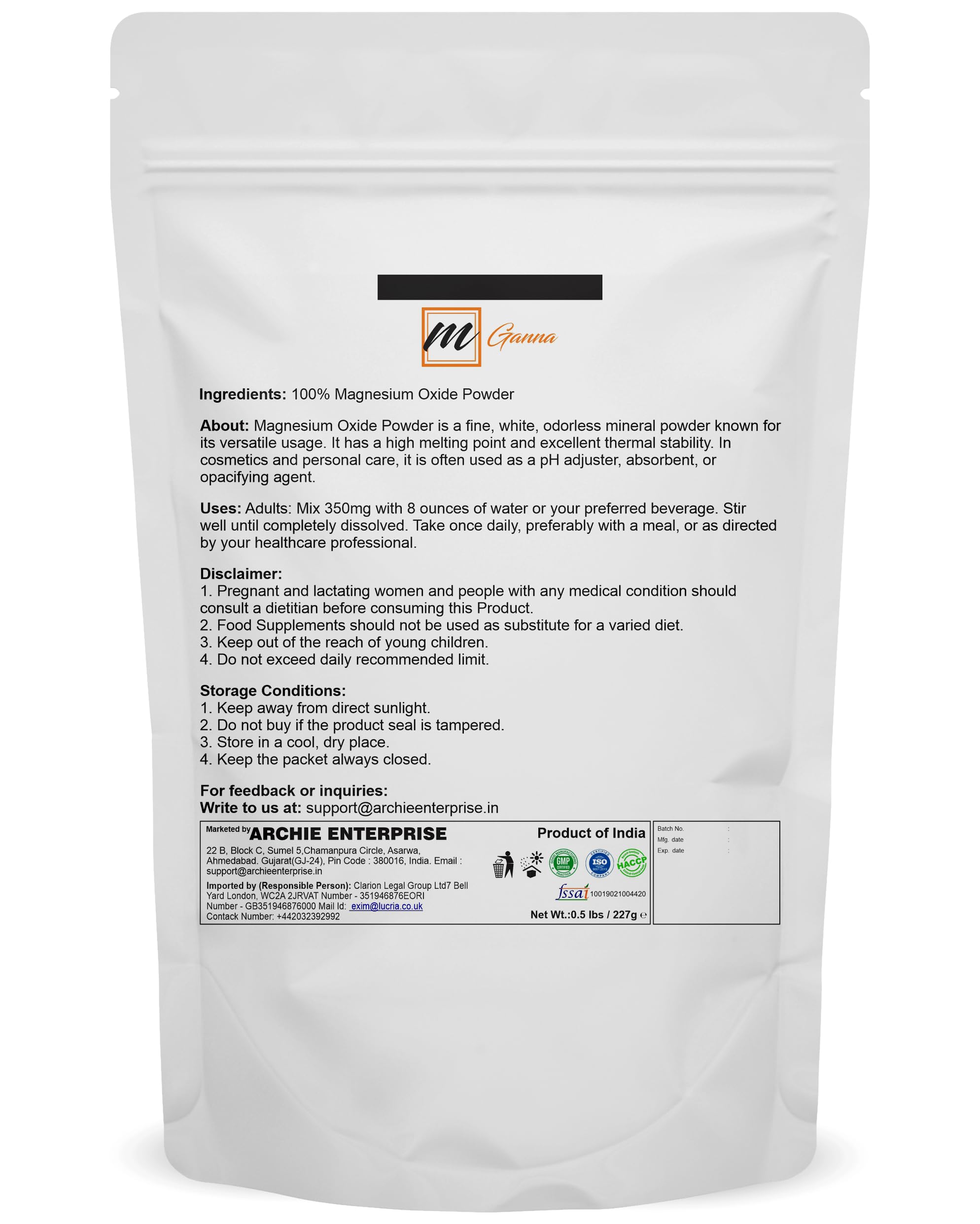 mGanna Magnesium Hydroxide Powder 227g packaging side view