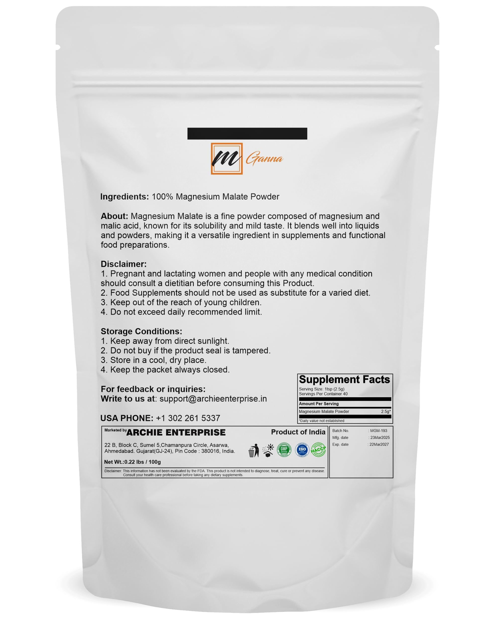mGanna Magnesium Malate Powder 109g back view with nutritional information