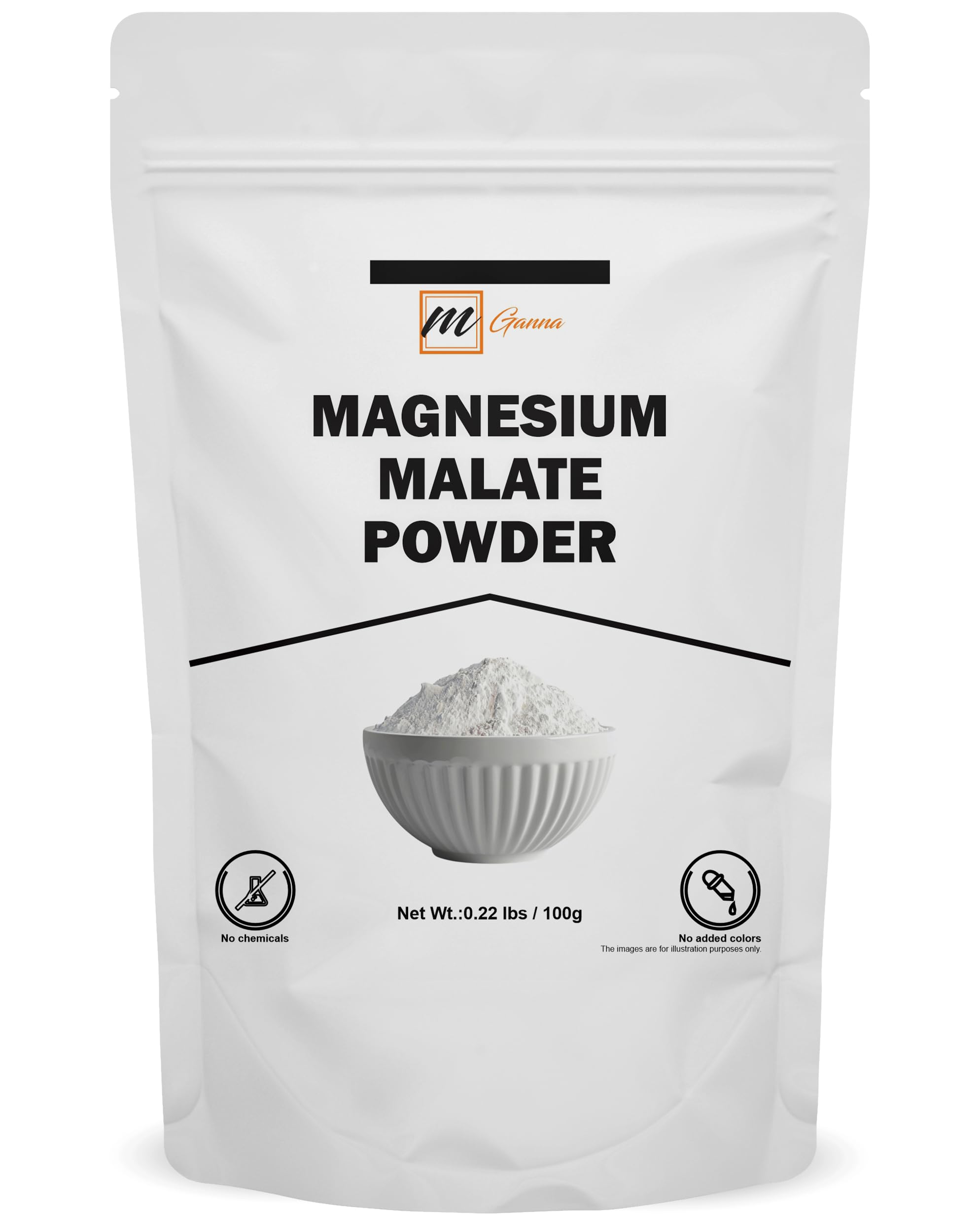 mGanna Magnesium Malate Powder 109g front view in resealable pouch