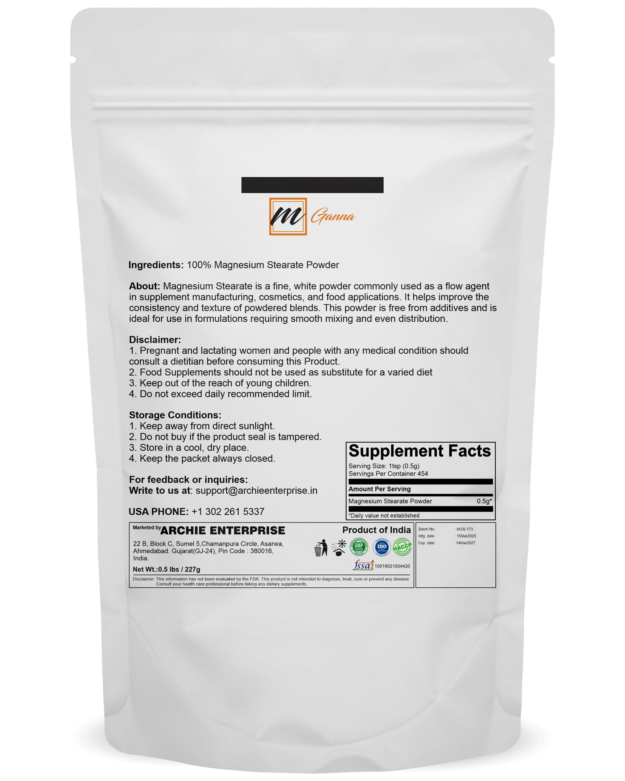 mGanna Magnesium Stearate Powder 227g resealable packaging